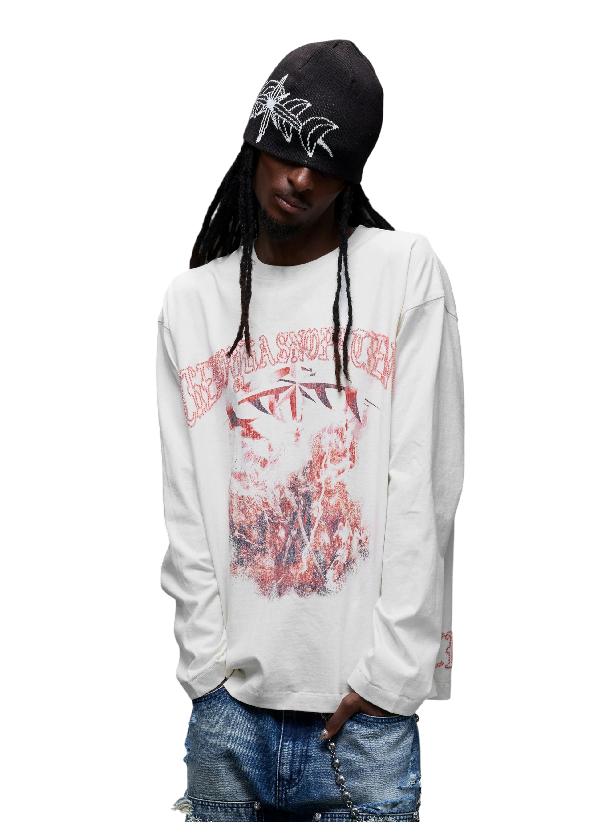 TBHNP Luminous Dawn distressed knight graphic long sleeve tee with bead-embroidered gothic lettering