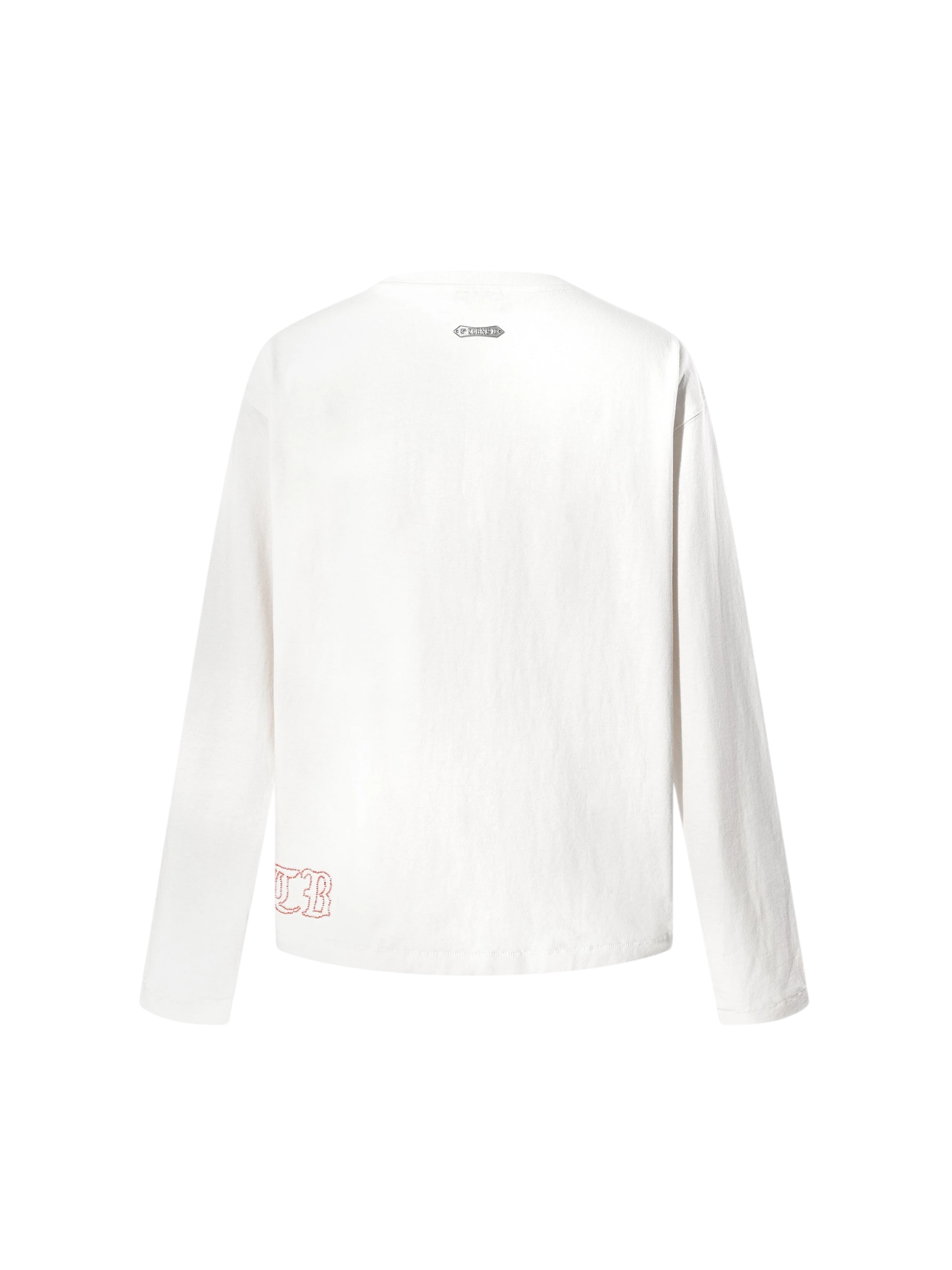 TBHNP Luminous Dawn distressed knight graphic long sleeve tee with bead-embroidered gothic lettering
