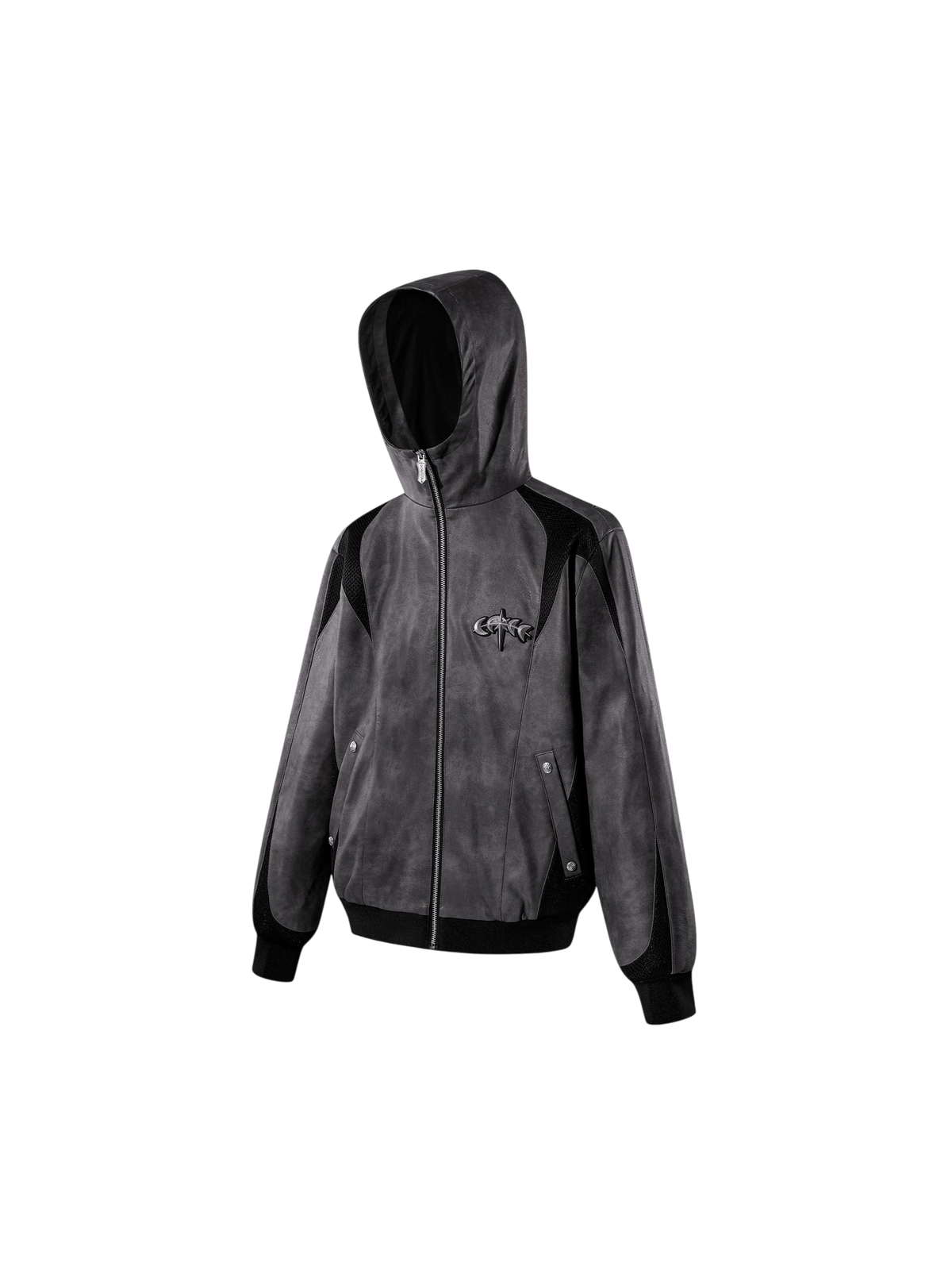 TBHNP patchwork faux-leather jacket in dark gray — product view 2