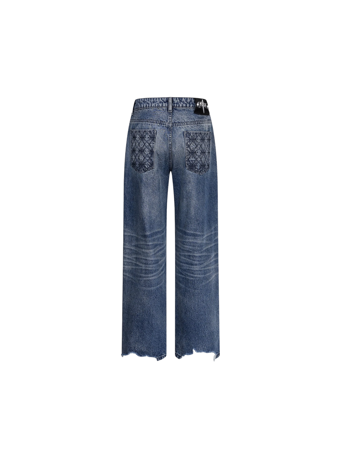 Back view of blue washed jeans with faded pockets and astral waist hardware