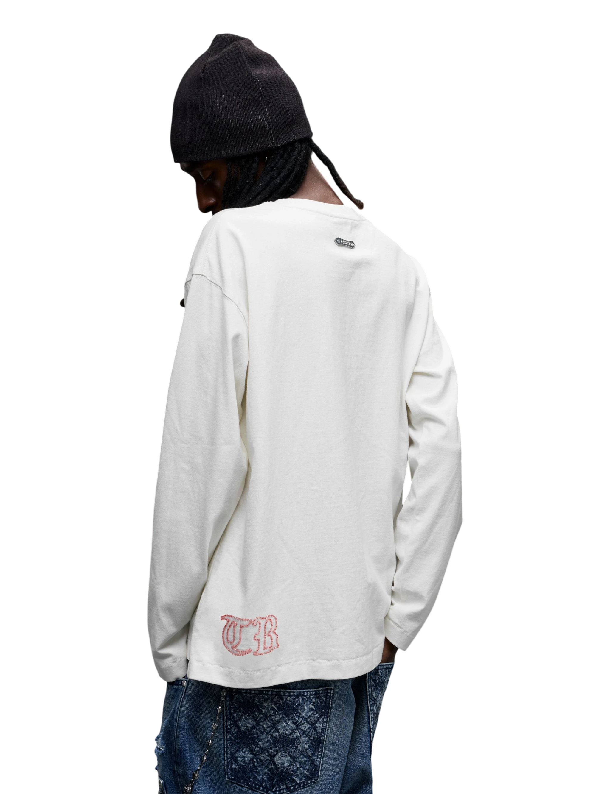 TBHNP Luminous Dawn distressed knight graphic long sleeve tee with bead-embroidered gothic lettering