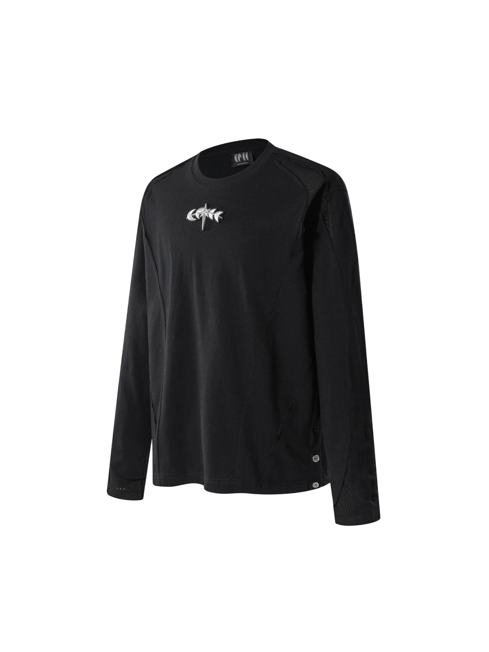 TBHNP Luminous Dawn sculpted mesh-panel long sleeve tee with metallic astral emblem β gothic streetwear
