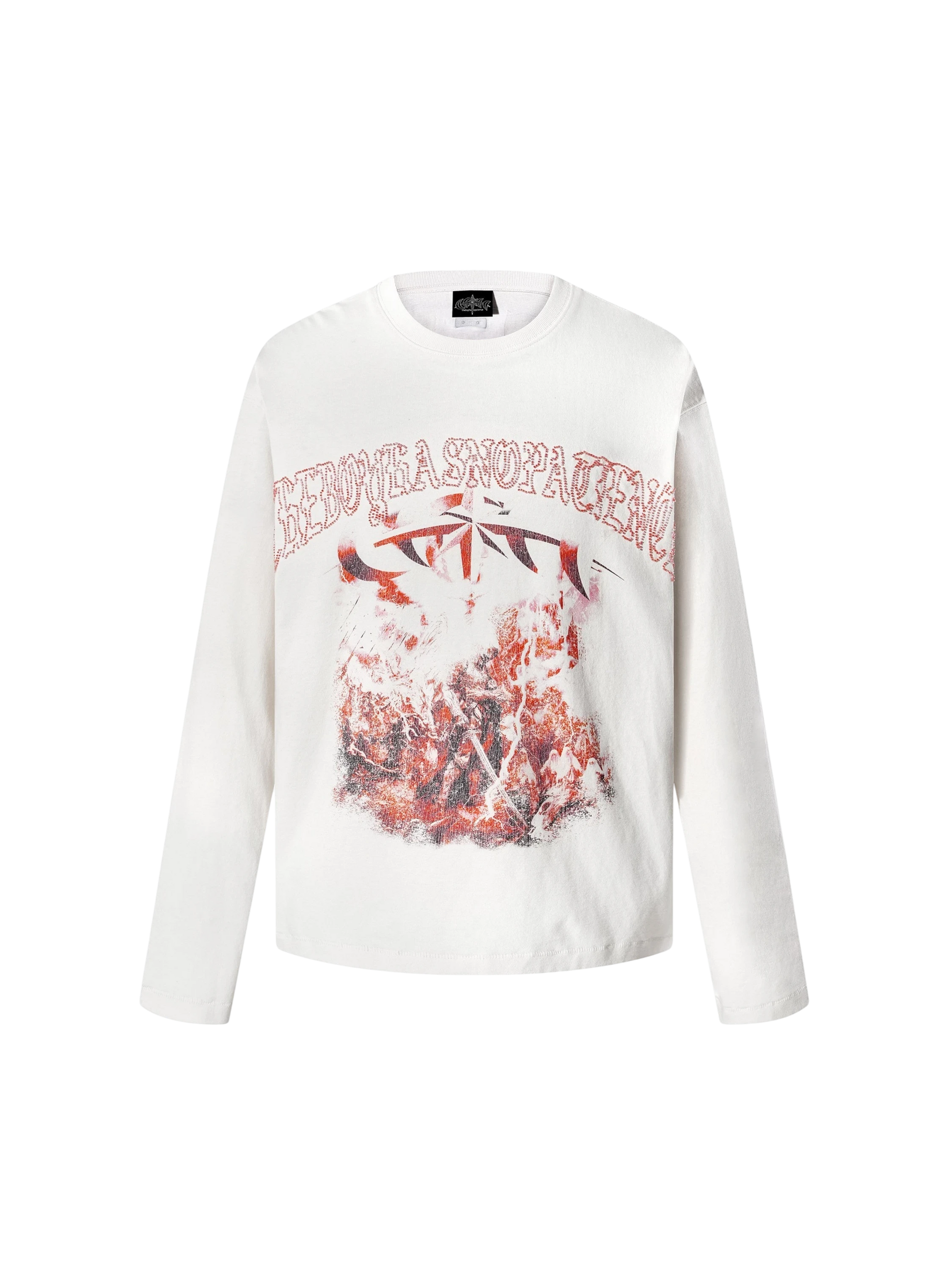 TBHNP Luminous Dawn distressed knight graphic long sleeve tee with bead-embroidered gothic lettering