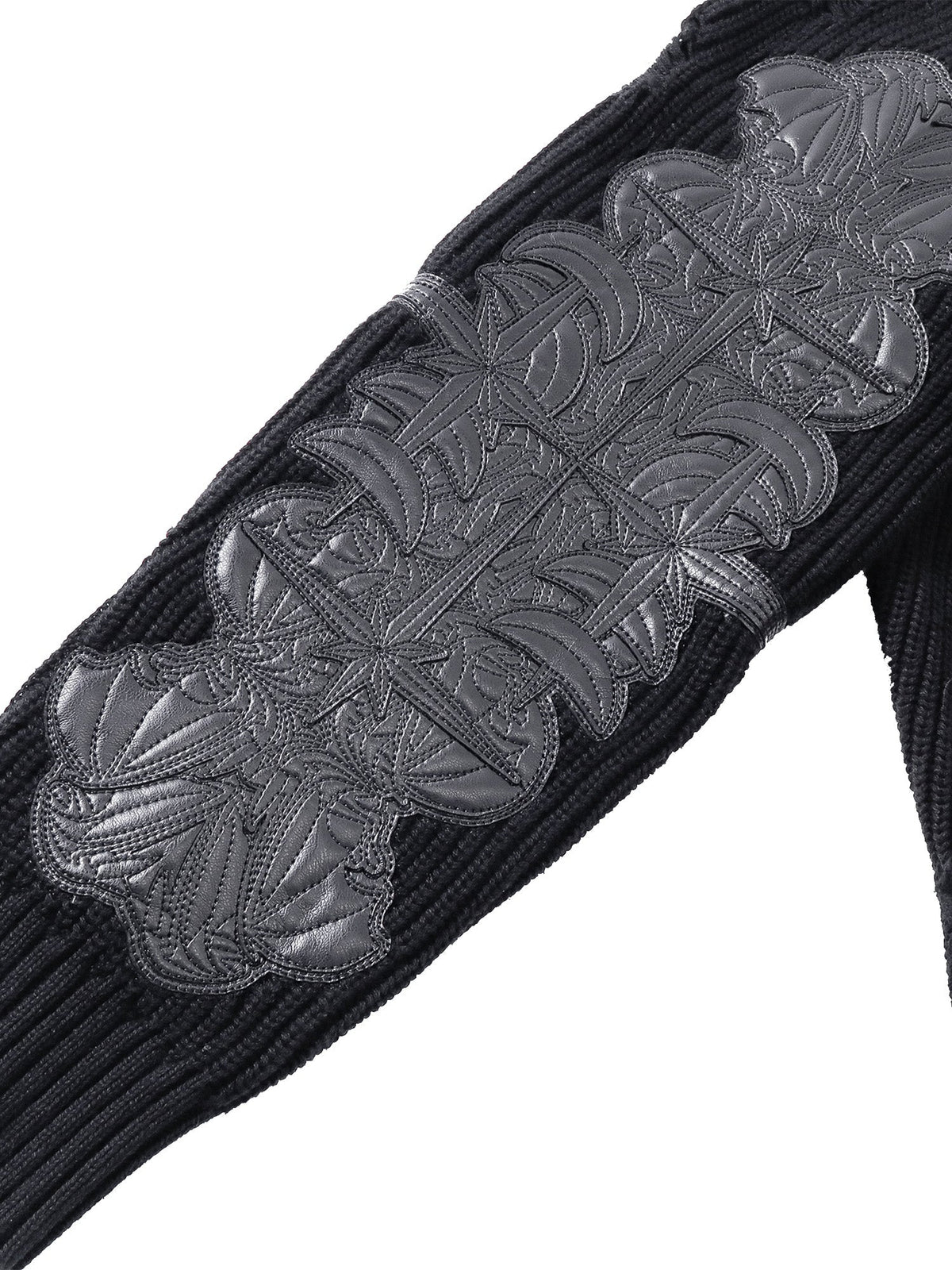 TBHNP T260007 black sweater, embroidered PU leather sleeve patch detail.