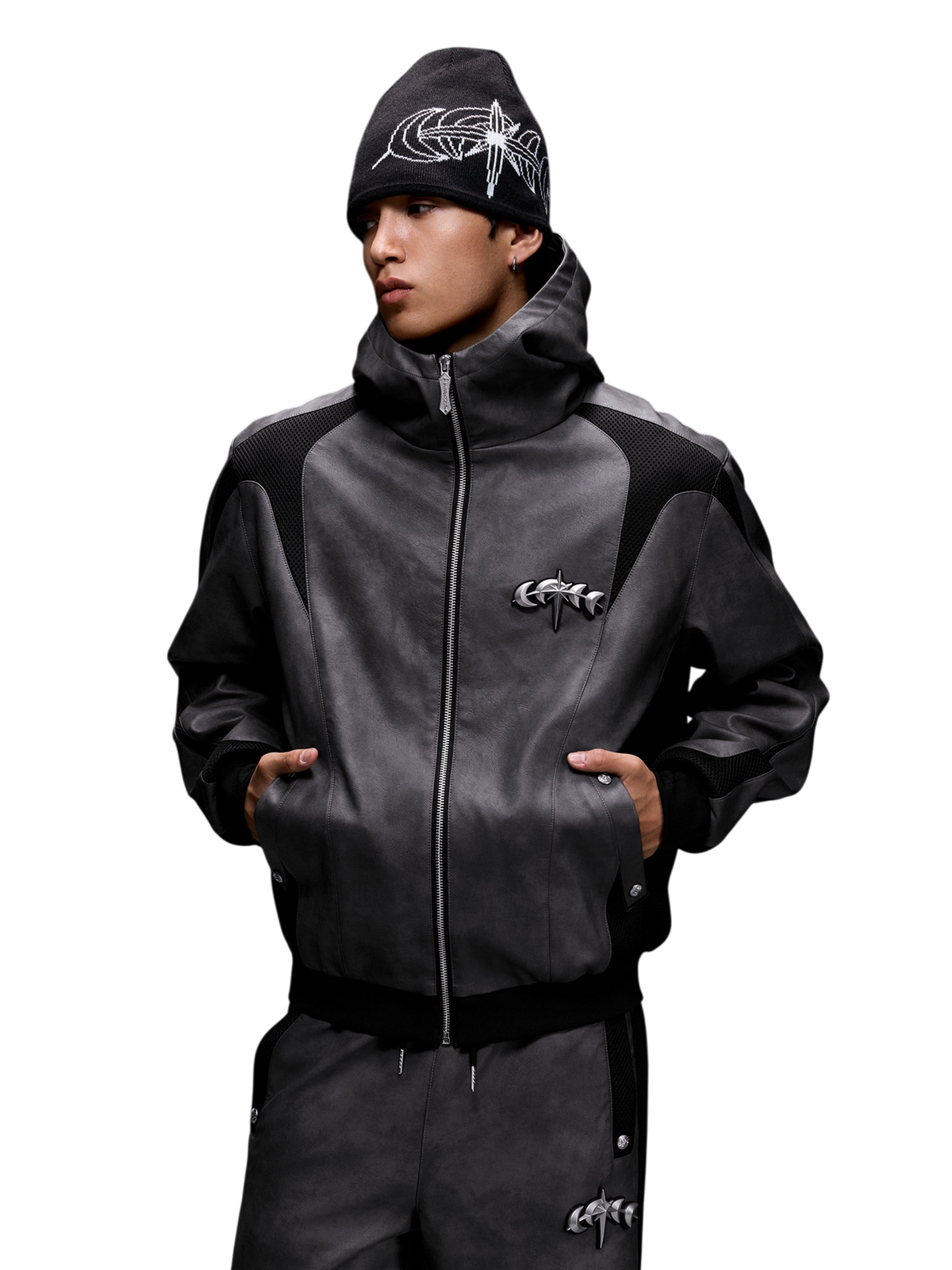 TBHNP patchwork faux-leather jacket in dark gray — on-model view 2