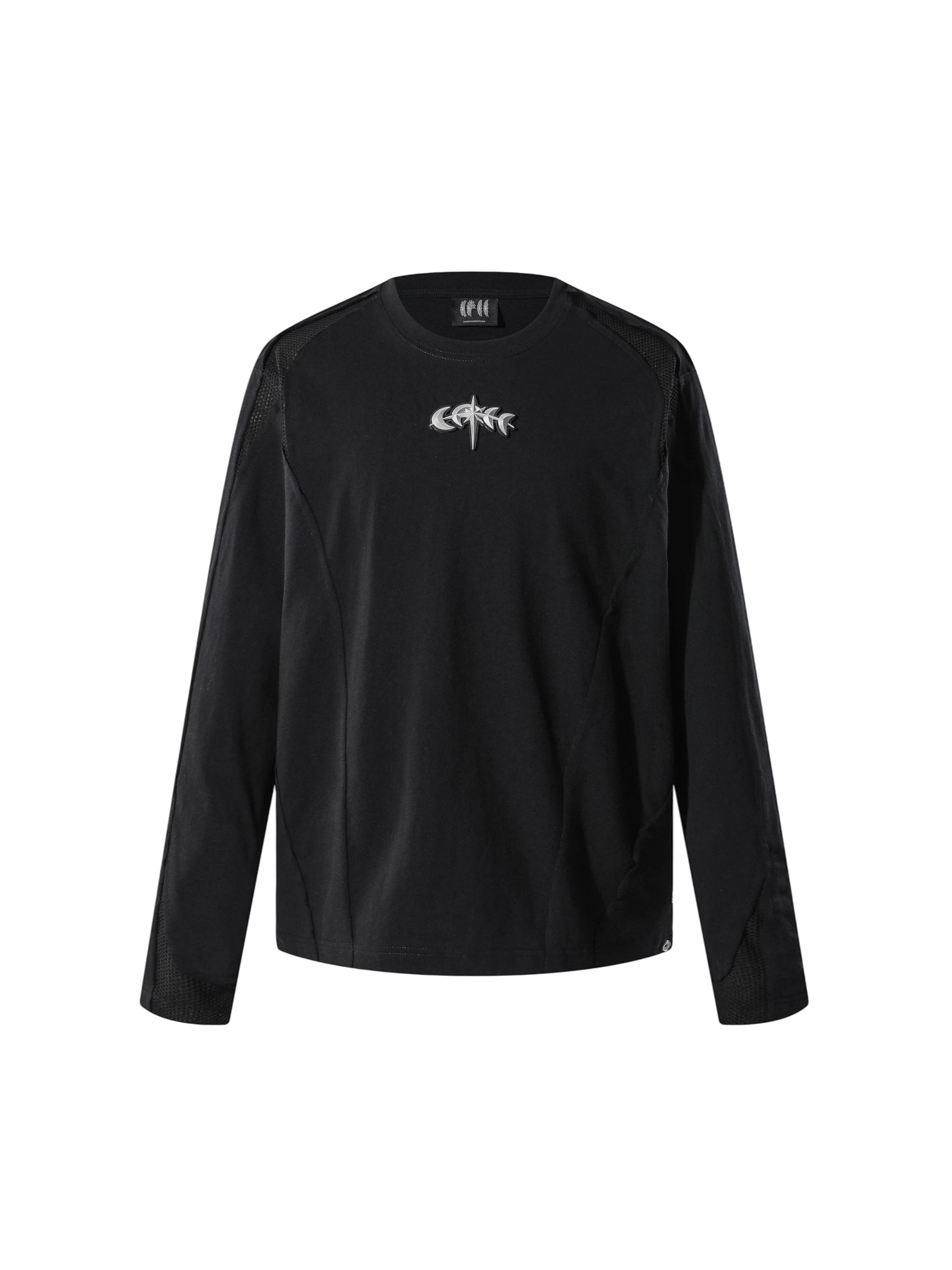 TBHNP Luminous Dawn sculpted mesh-panel long sleeve tee with metallic astral emblem β gothic streetwear