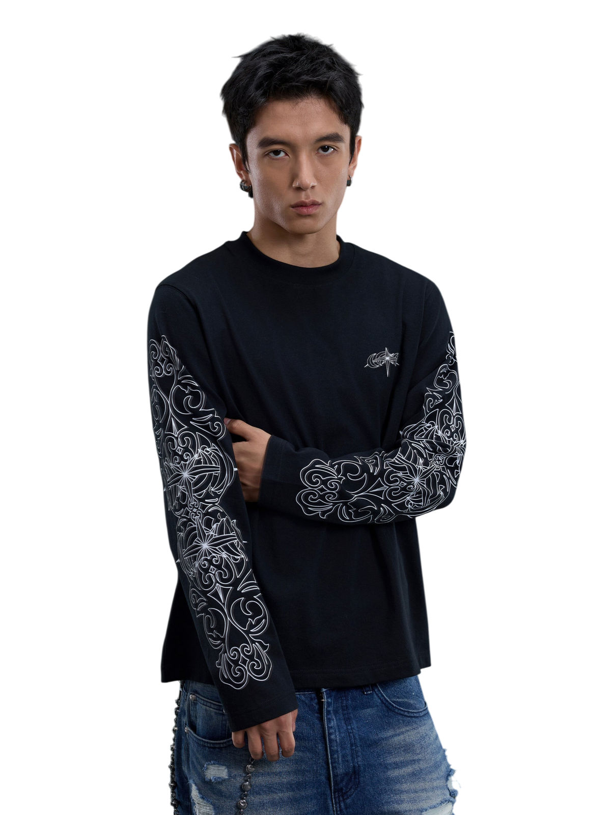 TBHNP logo long-sleeve T-shirt in black — on-model view 1