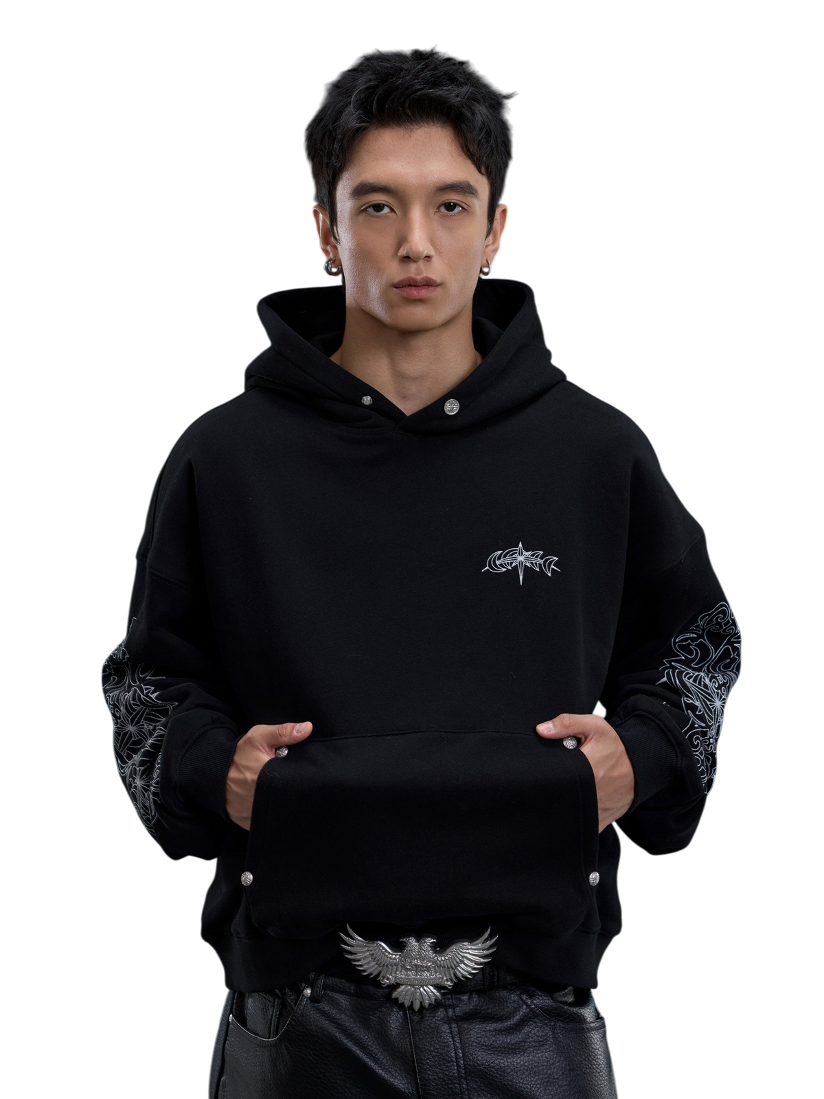 TBHNP glitter-print cotton hoodie in black — on-model view 1