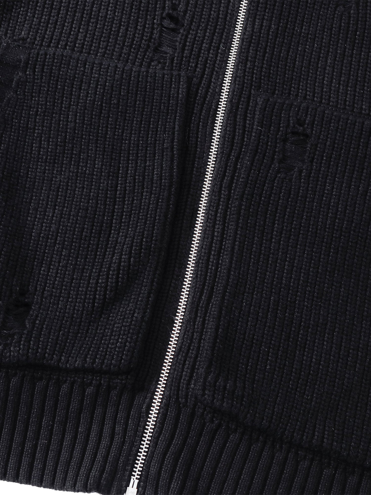 TBHNP T260007 black sweater, front patch pocket and zipper detail.