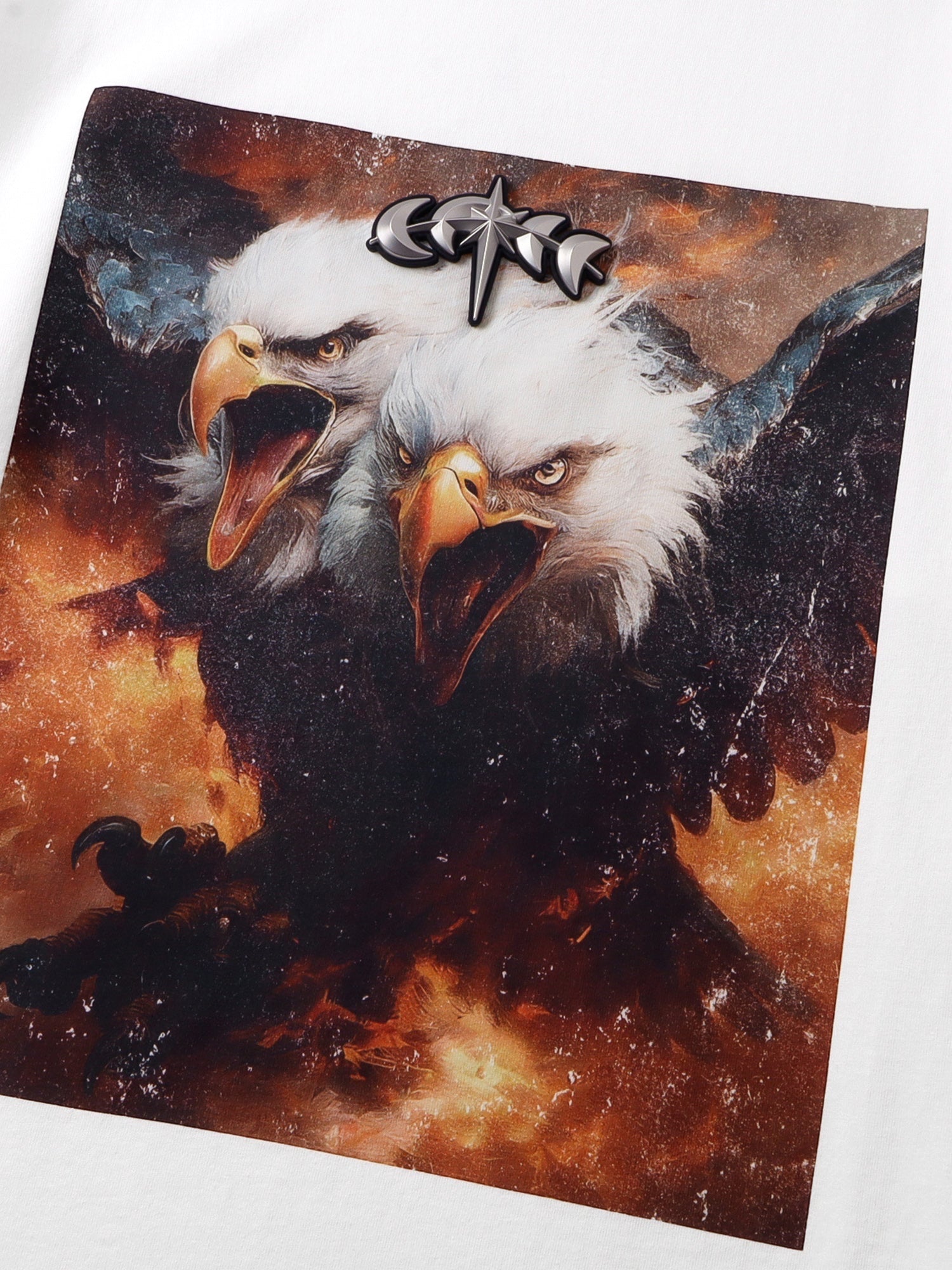TBHNP Luminous Dawn double-headed eagle photo-print cotton t-shirt, white — men's streetwear graphic tee