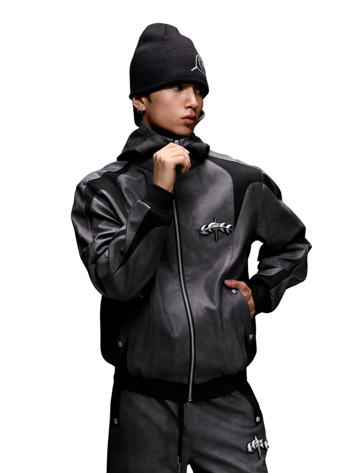 TBHNP patchwork faux-leather jacket in dark gray — on-model view 3