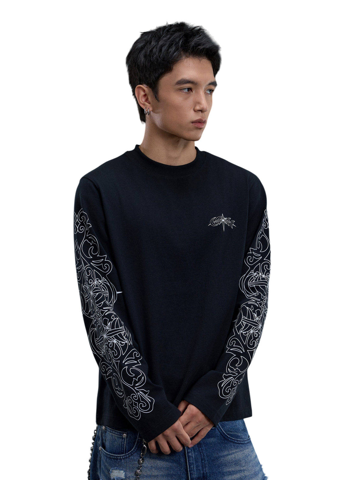 TBHNP logo long-sleeve T-shirt in black — on-model view 2