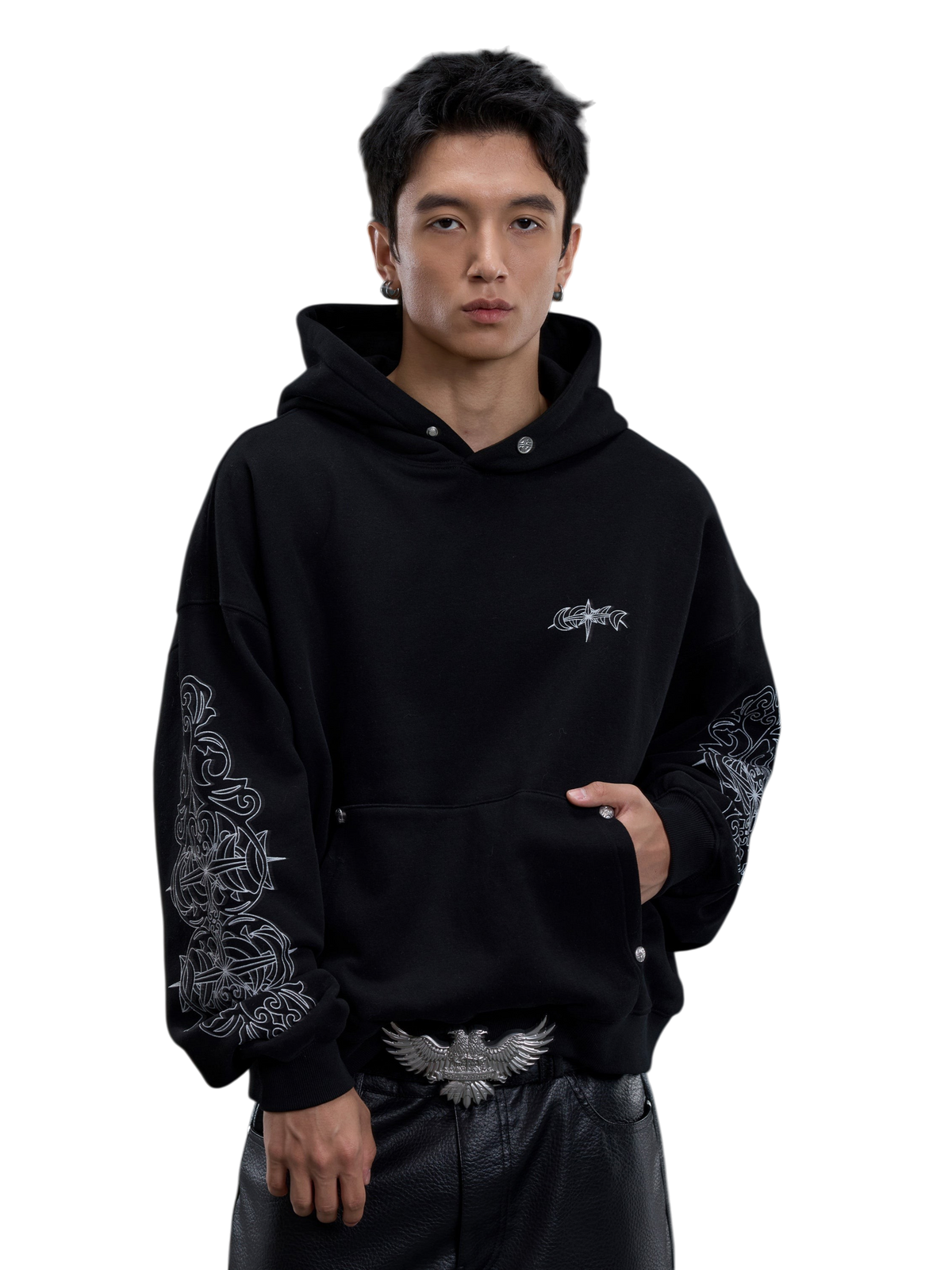 TBHNP glitter-print cotton hoodie in black — on-model view 2