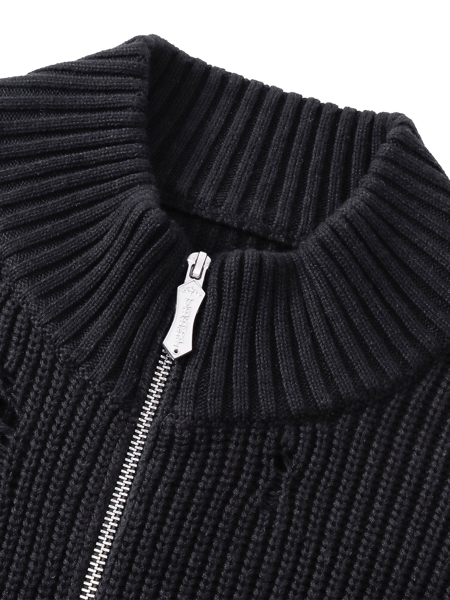TBHNP T260007 black sweater, ribbed stand collar and zipper detail.