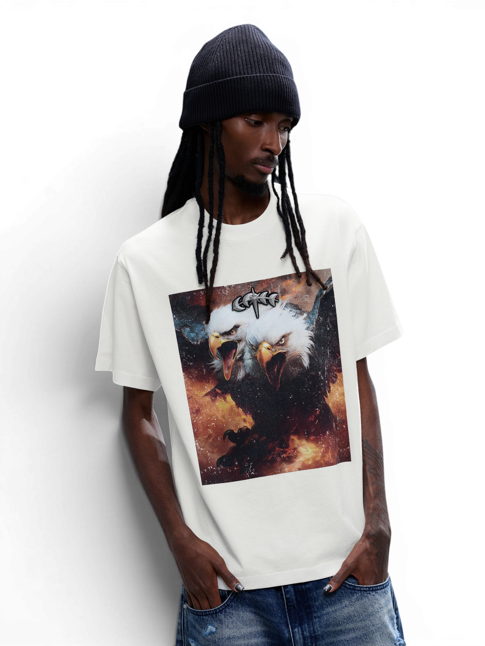TBHNP Luminous Dawn double-headed eagle photo-print cotton t-shirt, white — men's streetwear graphic tee