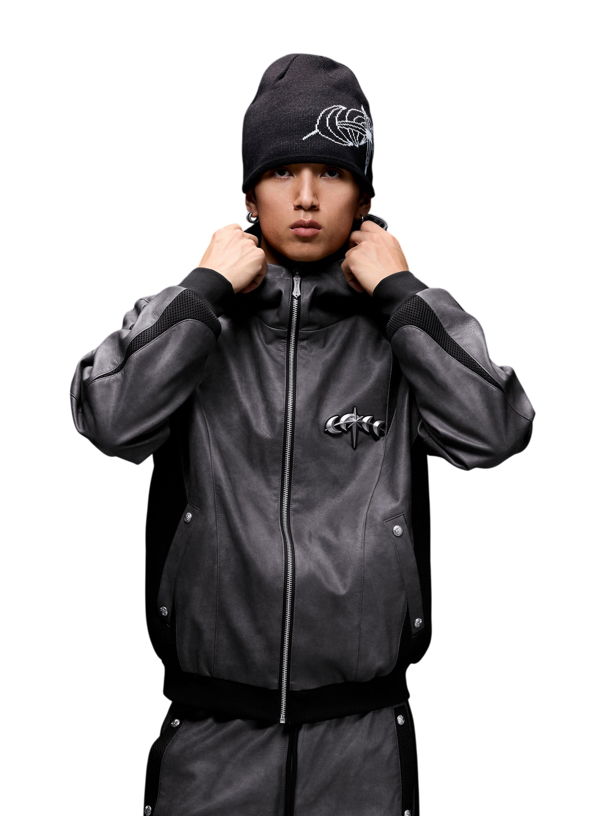 TBHNP patchwork faux-leather jacket in dark gray — on-model view 1