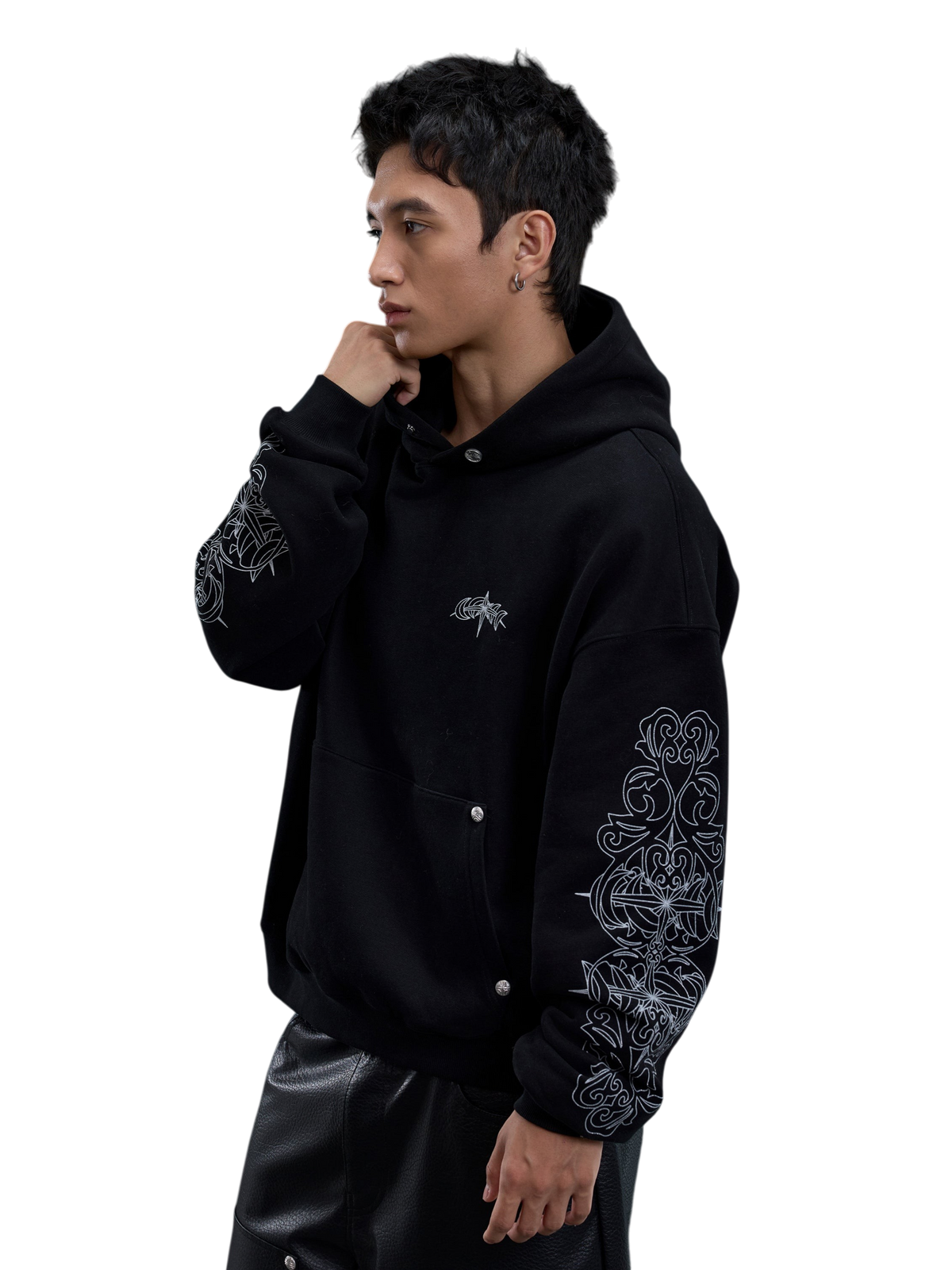 TBHNP glitter-print cotton hoodie in black — on-model view 3