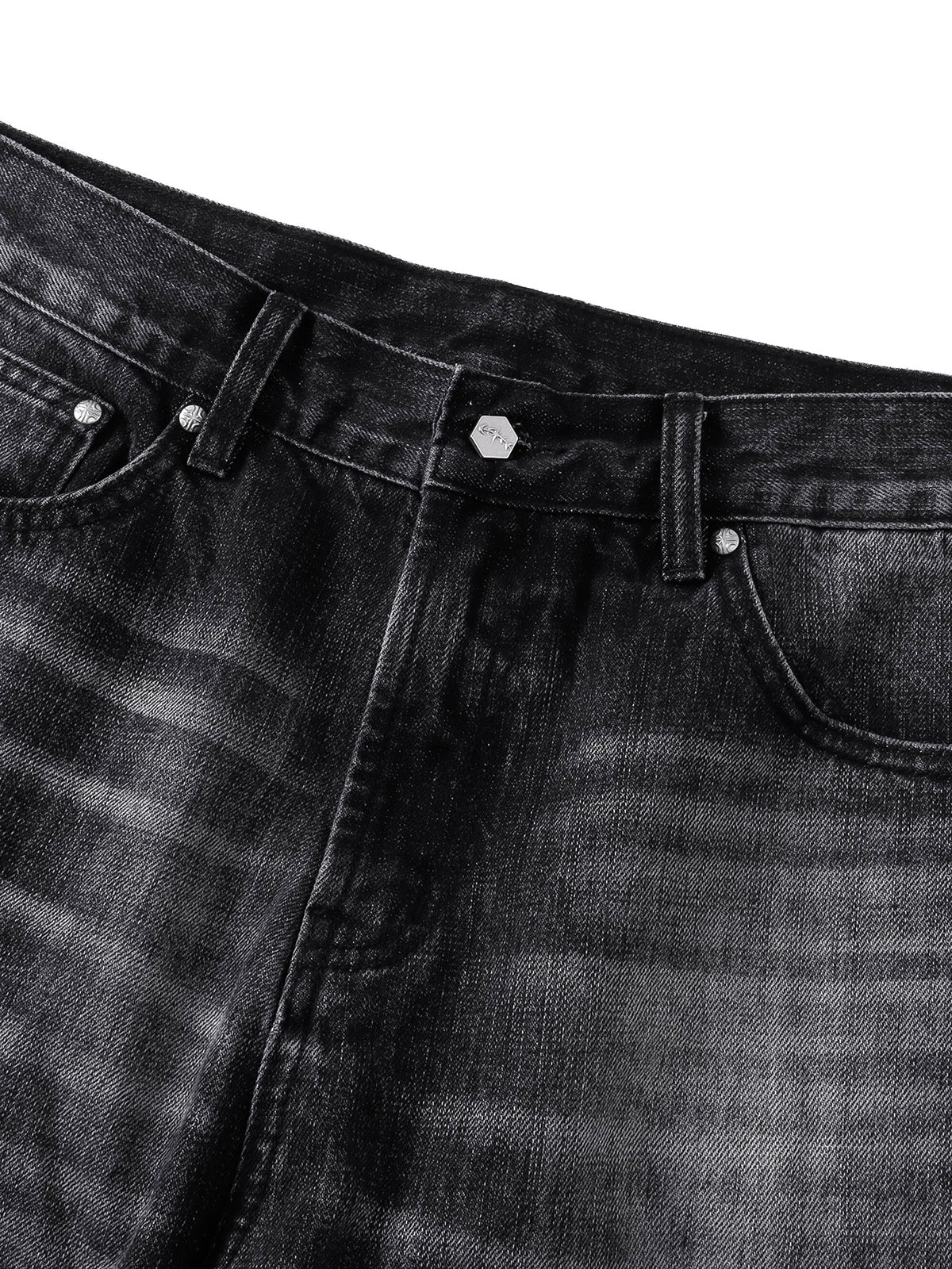 TBHNP T260017 black jeans, waistband, button, pockets, and faded whiskers.