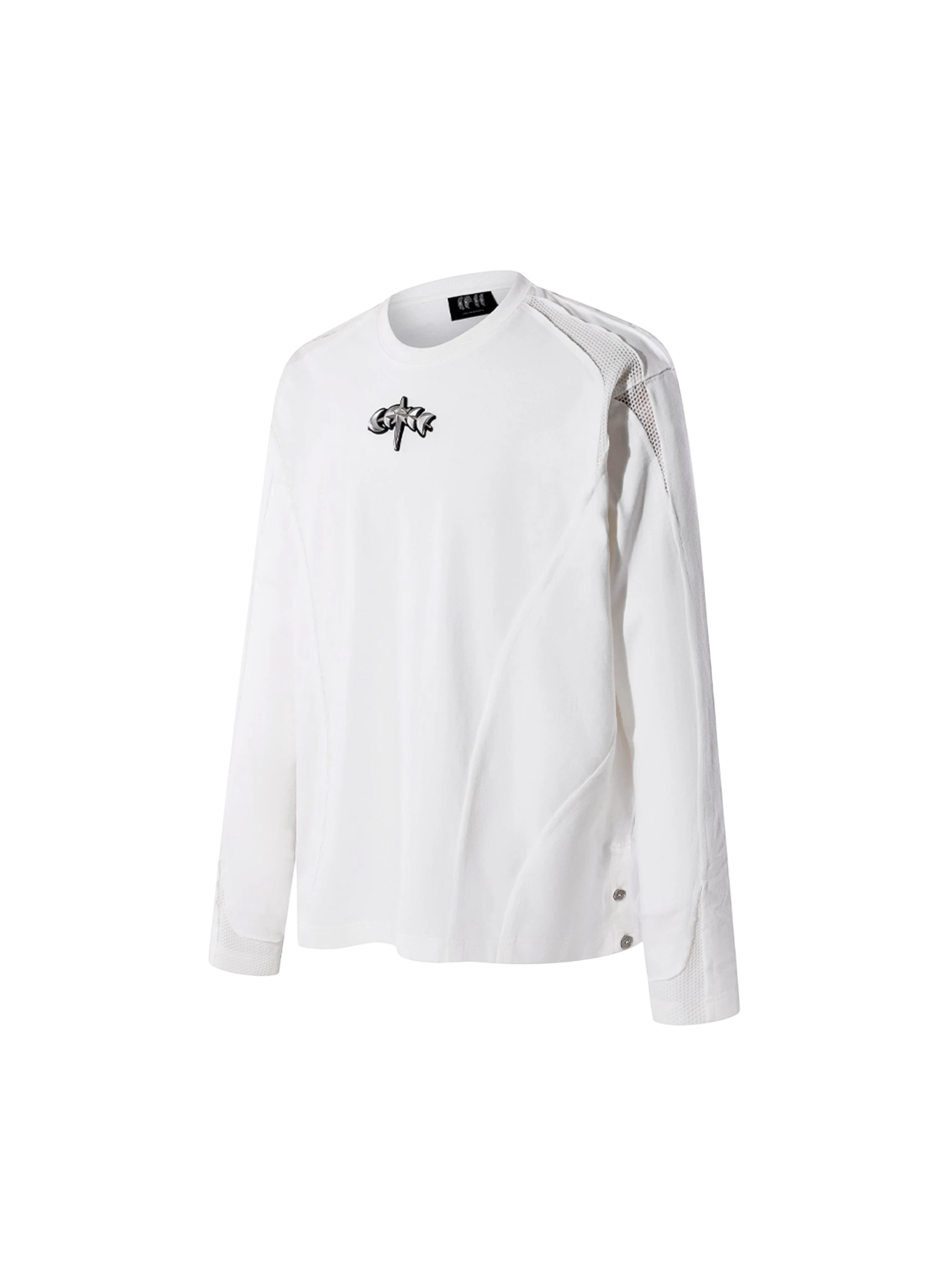 TBHNP Luminous Dawn sculpted mesh-panel long sleeve tee with metallic astral emblem β gothic streetwear