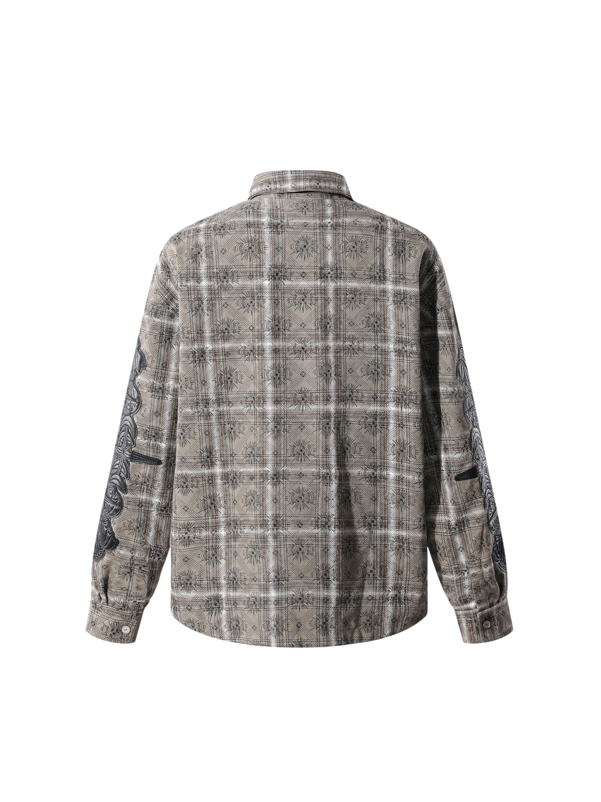 Close-up of the plaid fabric, rivets, and metal-set leather patch.