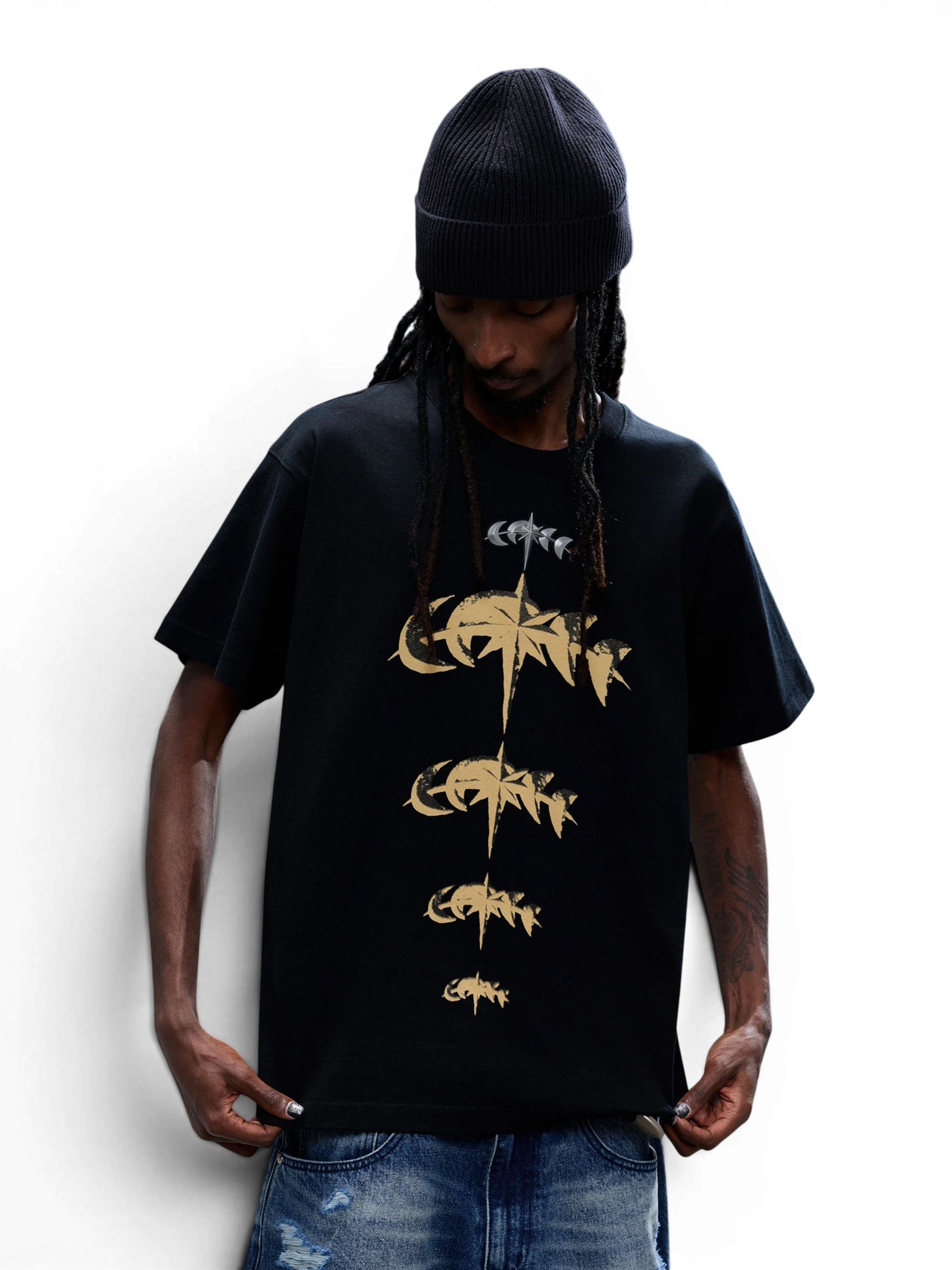 TBHNP Luminous Dawn faded gold print cotton t-shirt, black — men's streetwear graphic tee