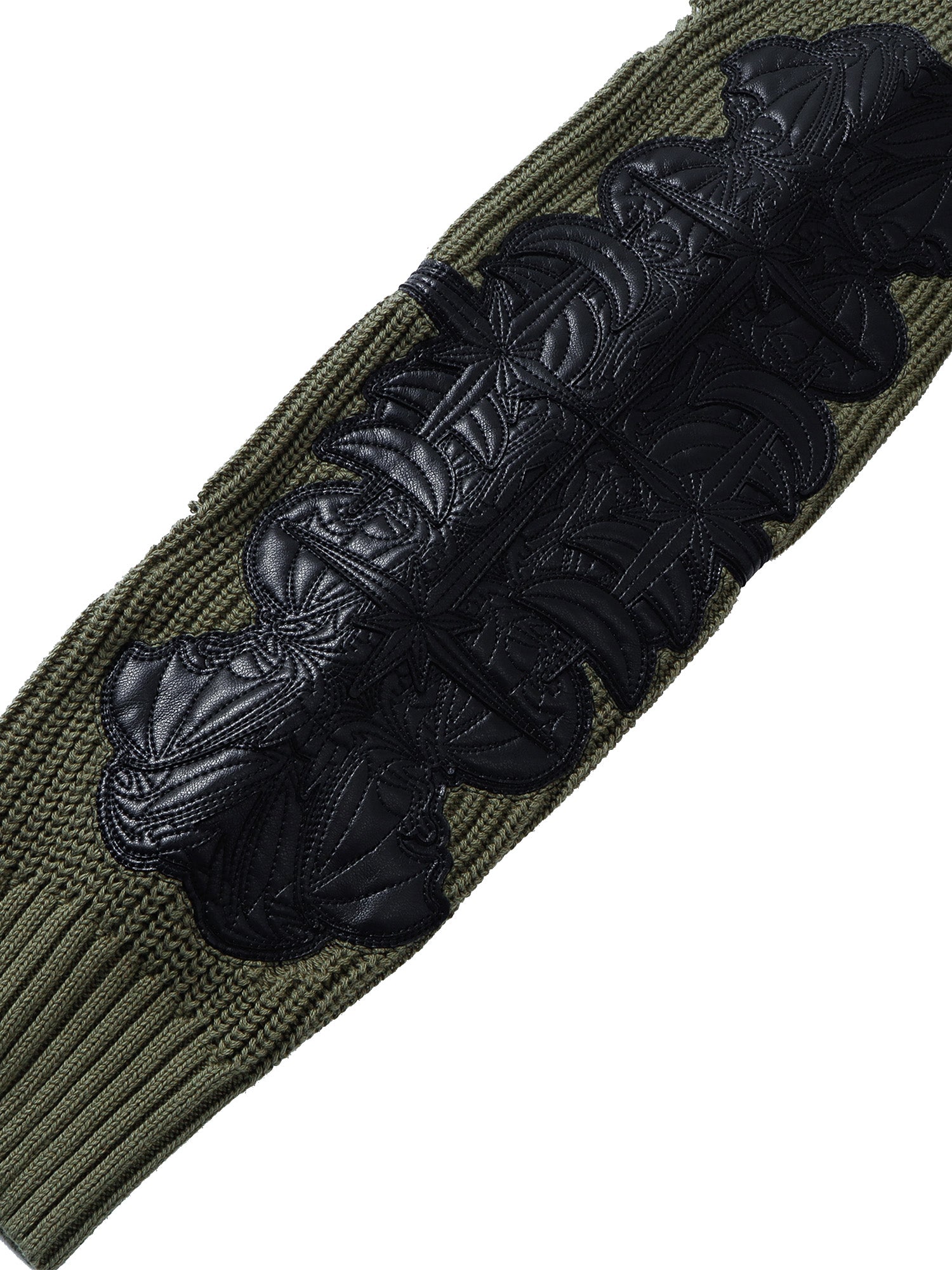 TBHNP T260007 olive green sweater, embroidered PU leather sleeve patch detail.