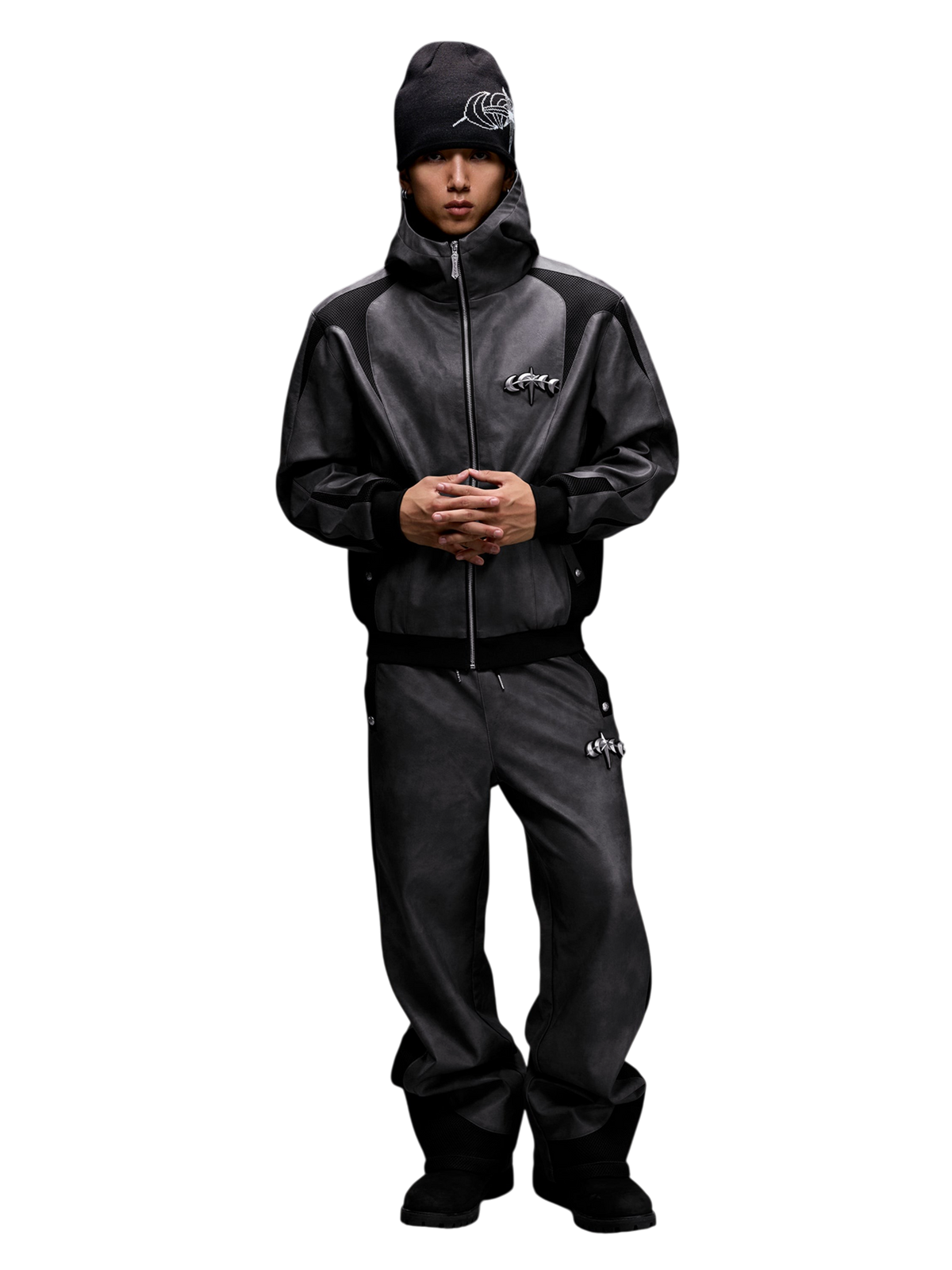 TBHNP patchwork faux-leather pants in dark gray — on-model view 3