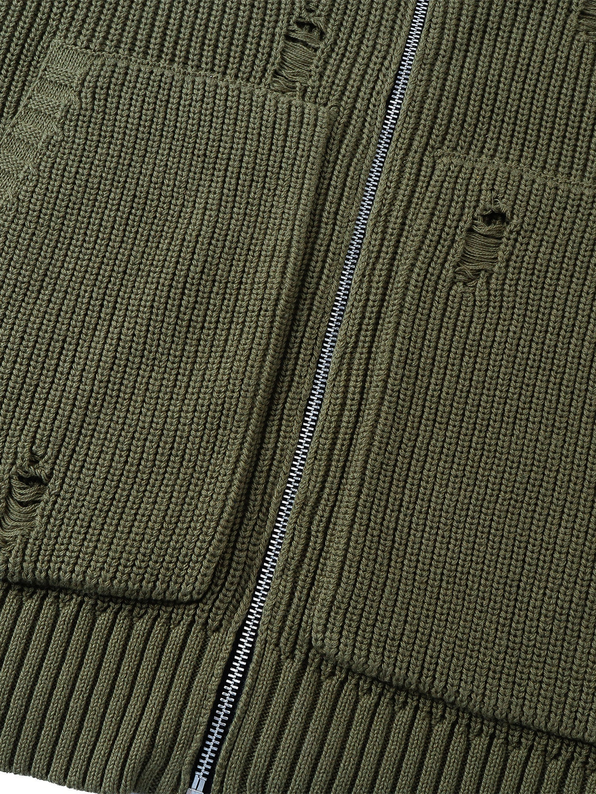 TBHNP T260007 olive green sweater, front patch pocket and distressed knit detail.