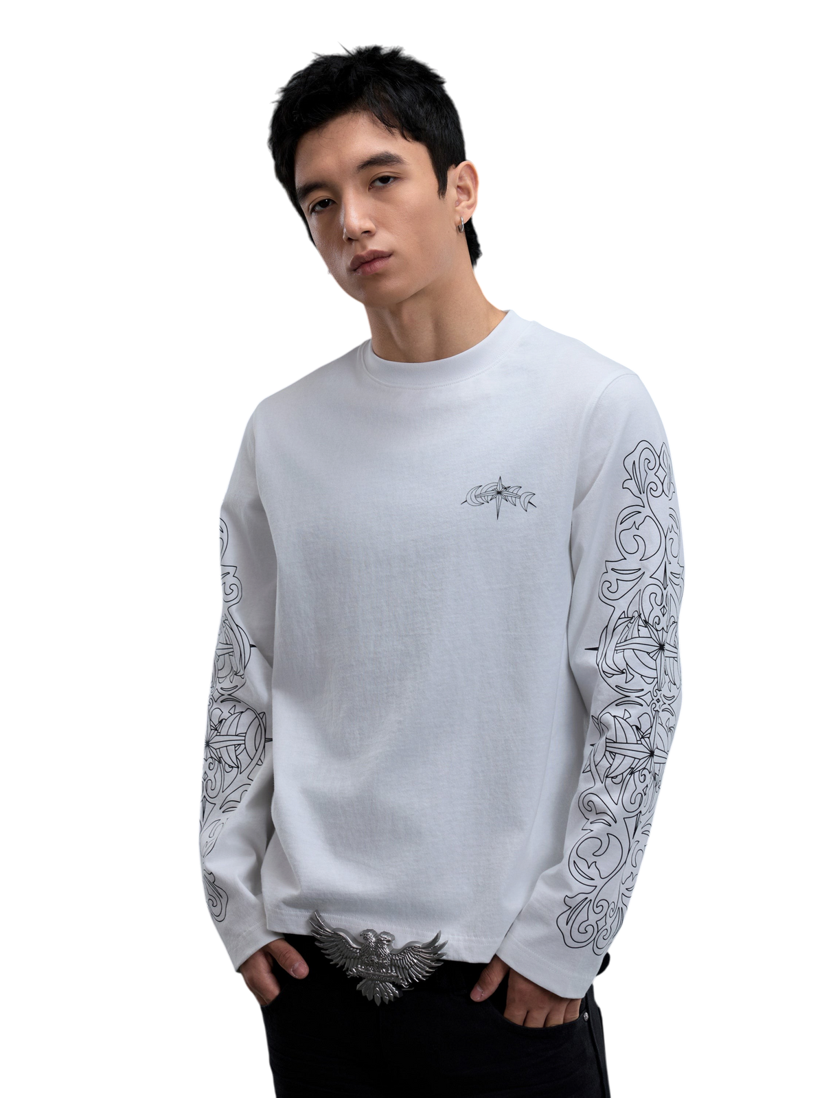 TBHNP logo long-sleeve T-shirt in off-white — on-model view 1
