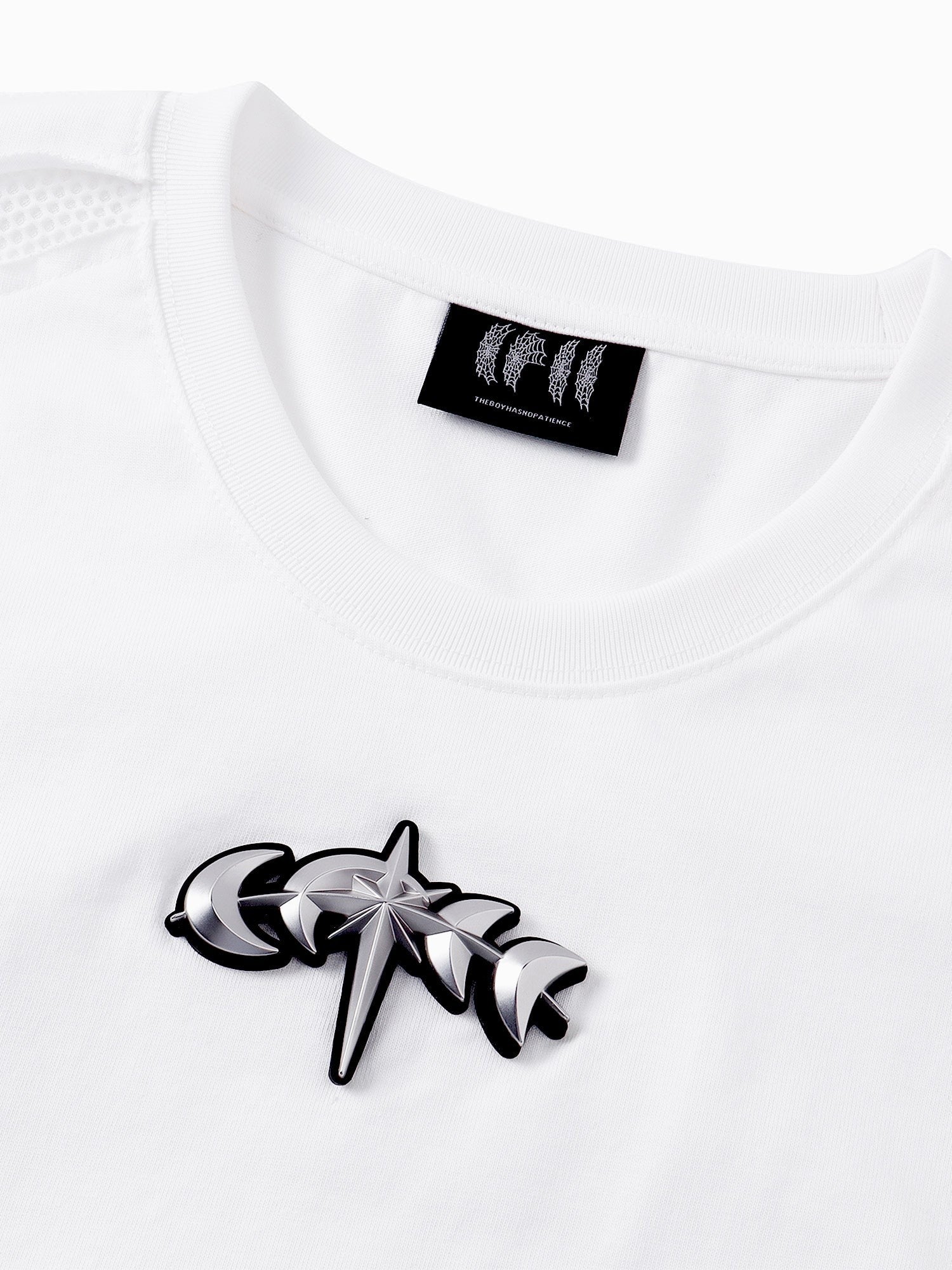 TBHNP Luminous Dawn sculpted mesh-panel long sleeve tee with metallic astral emblem β gothic streetwear