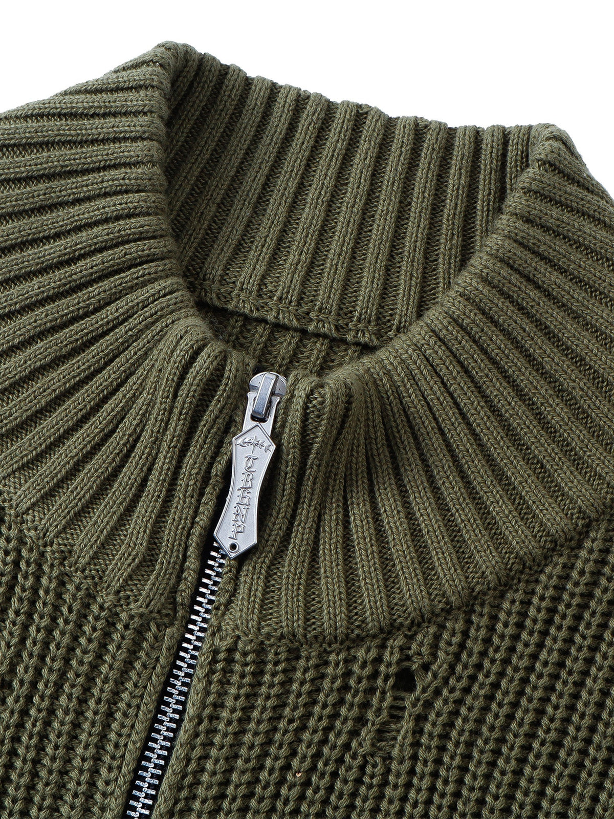 TBHNP T260007 olive green sweater, ribbed stand collar and zipper detail.