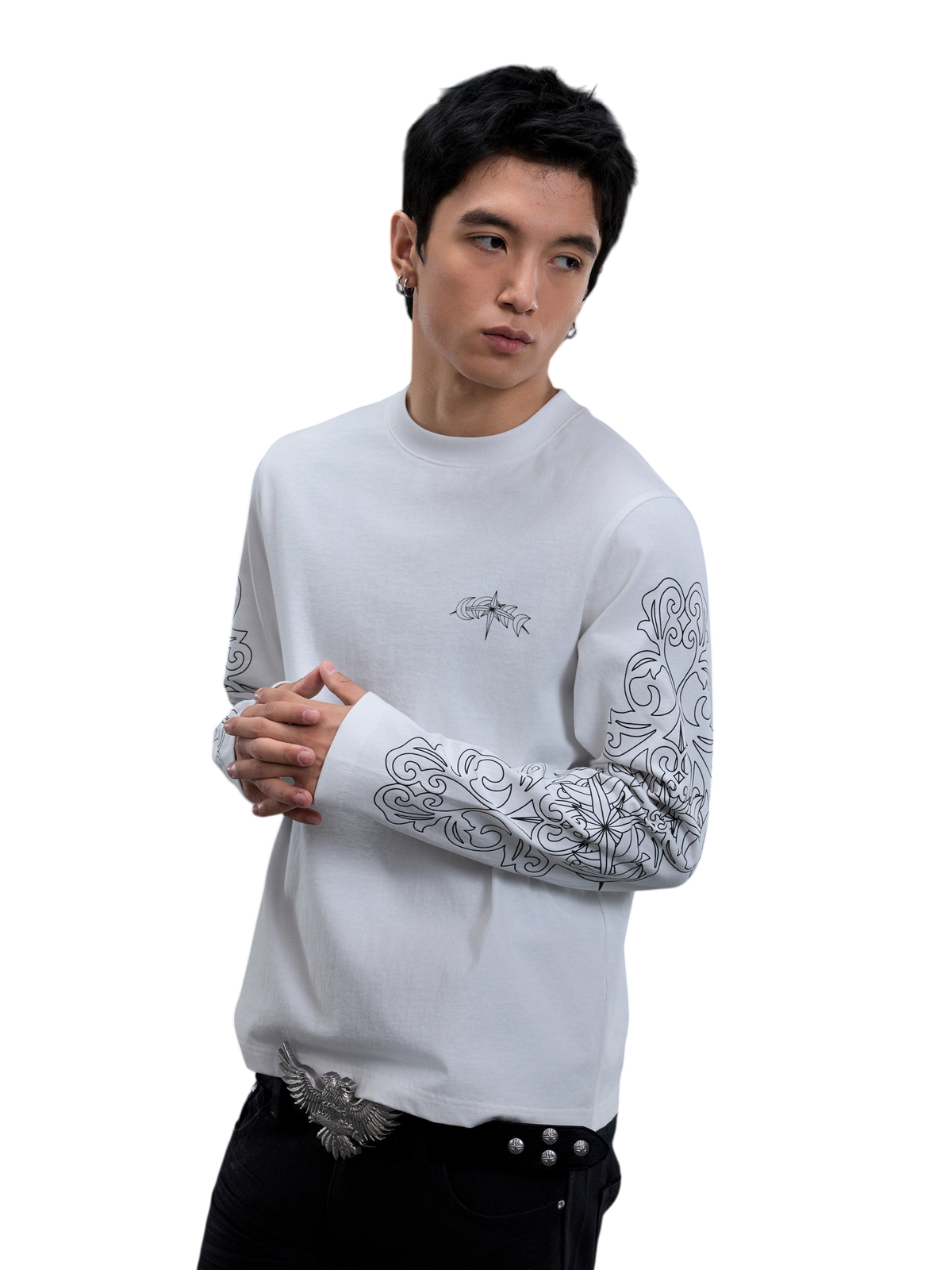 TBHNP logo long-sleeve T-shirt in off-white — on-model view 3