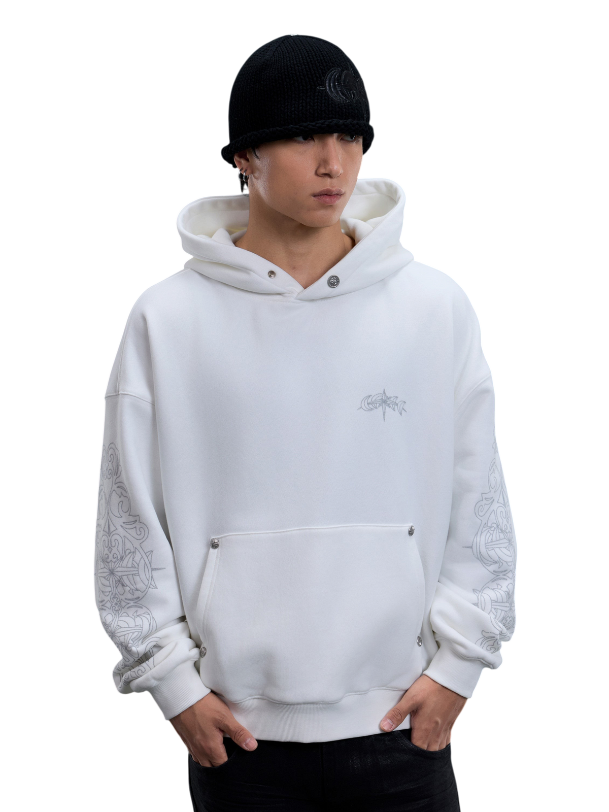 TBHNP glitter-print cotton hoodie in white — on-model view 1