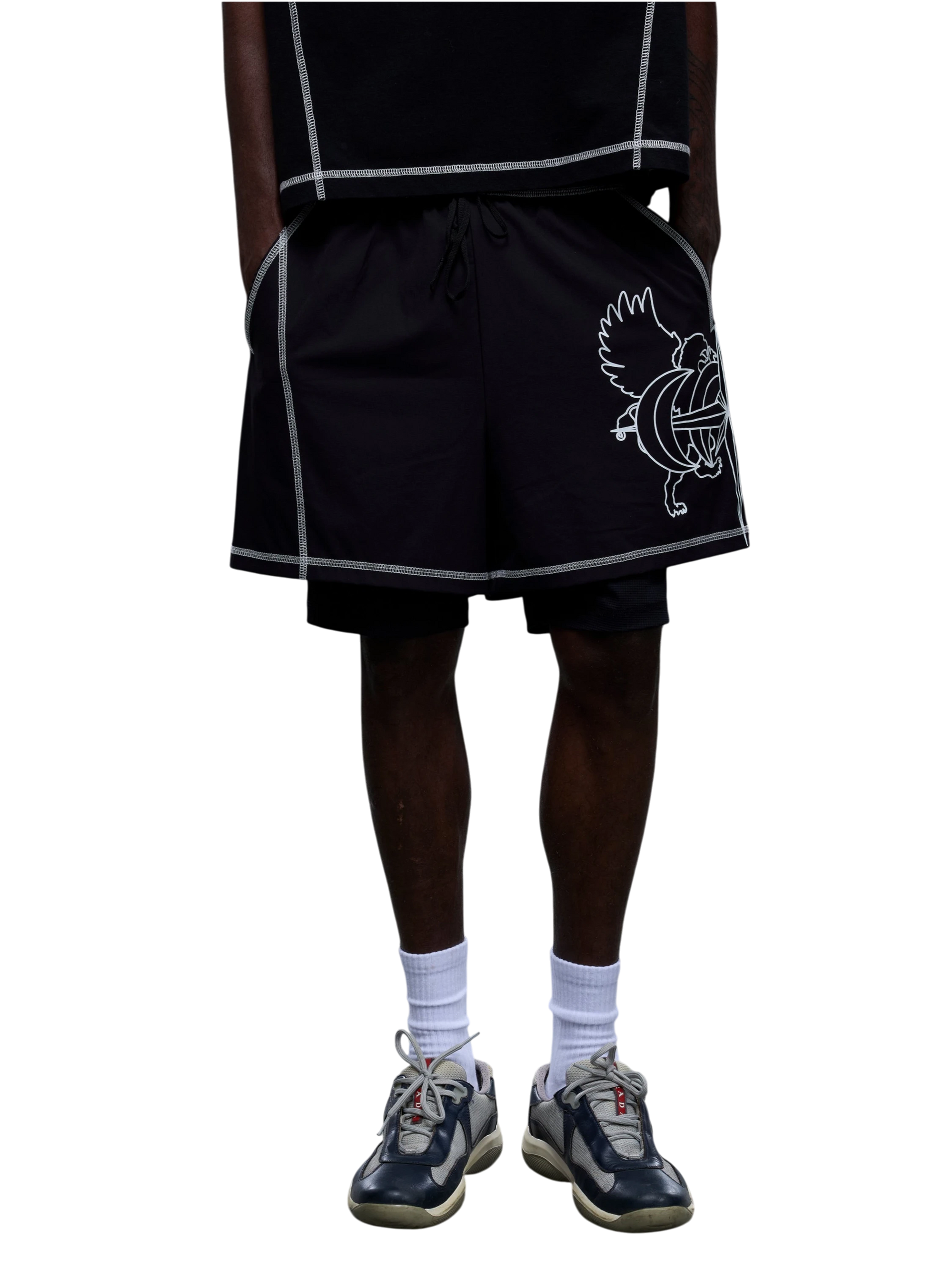 TBHNP Luminous Dawn double-headed eagle layered sports shorts — men's streetwear shorts