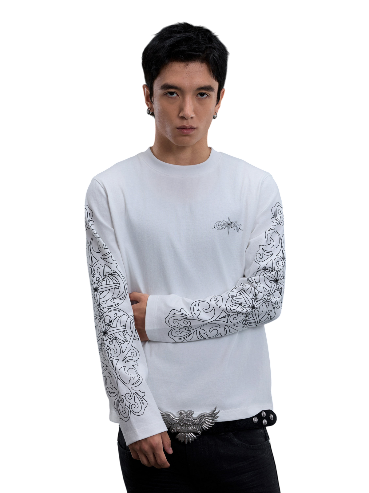TBHNP logo long-sleeve T-shirt in off-white — on-model view 2