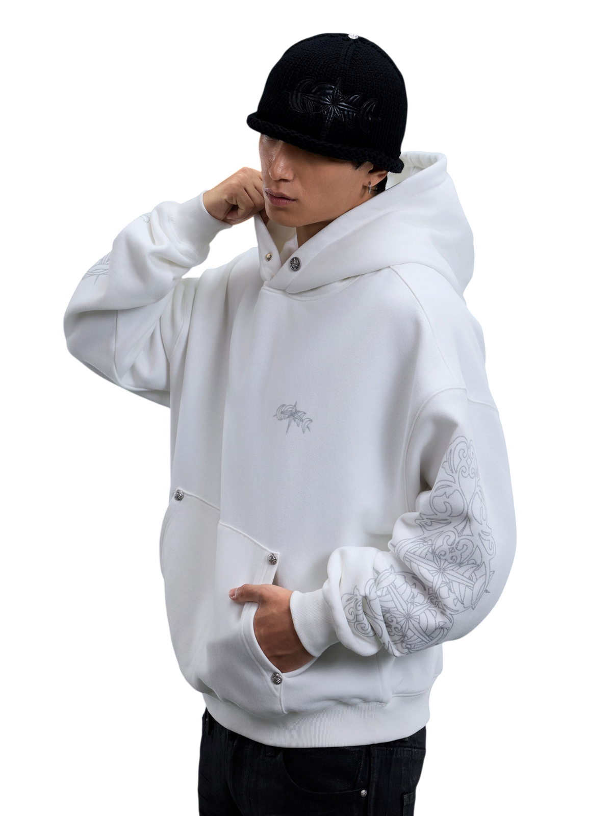 TBHNP glitter-print cotton hoodie in white — on-model view 2