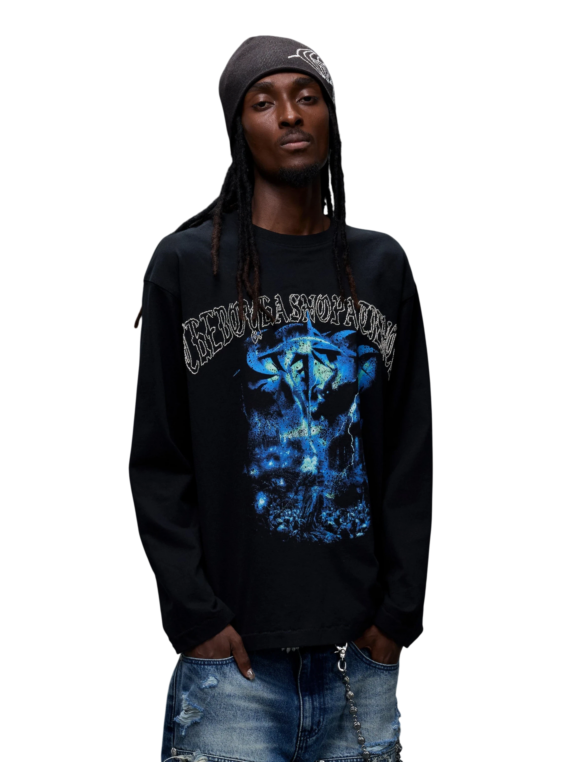 TBHNP Luminous Dawn distressed knight graphic long sleeve tee with bead-embroidered gothic lettering