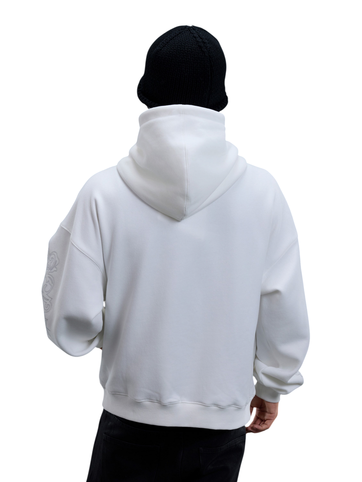 TBHNP glitter-print cotton hoodie in white — on-model view 3