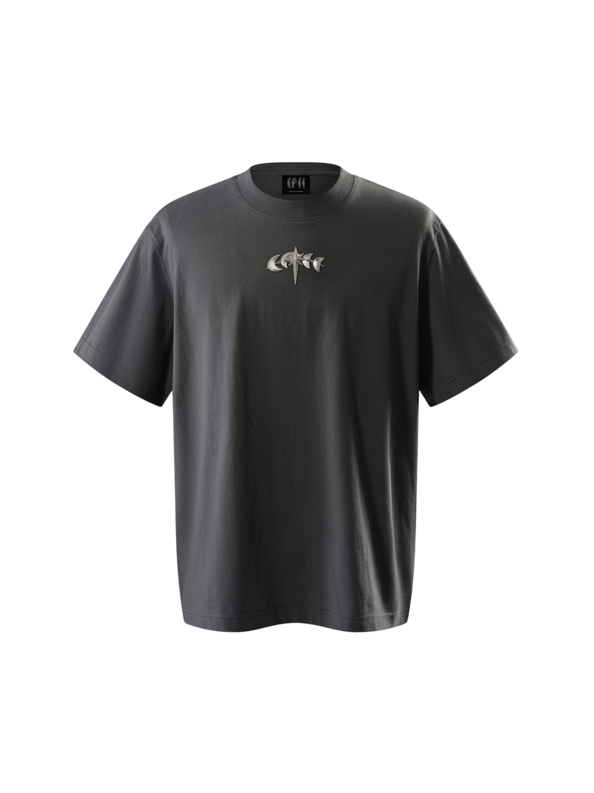 TBHNP Luminous Dawn boxy heavyweight cotton t-shirt with metal astral logo badge — men's streetwear tee