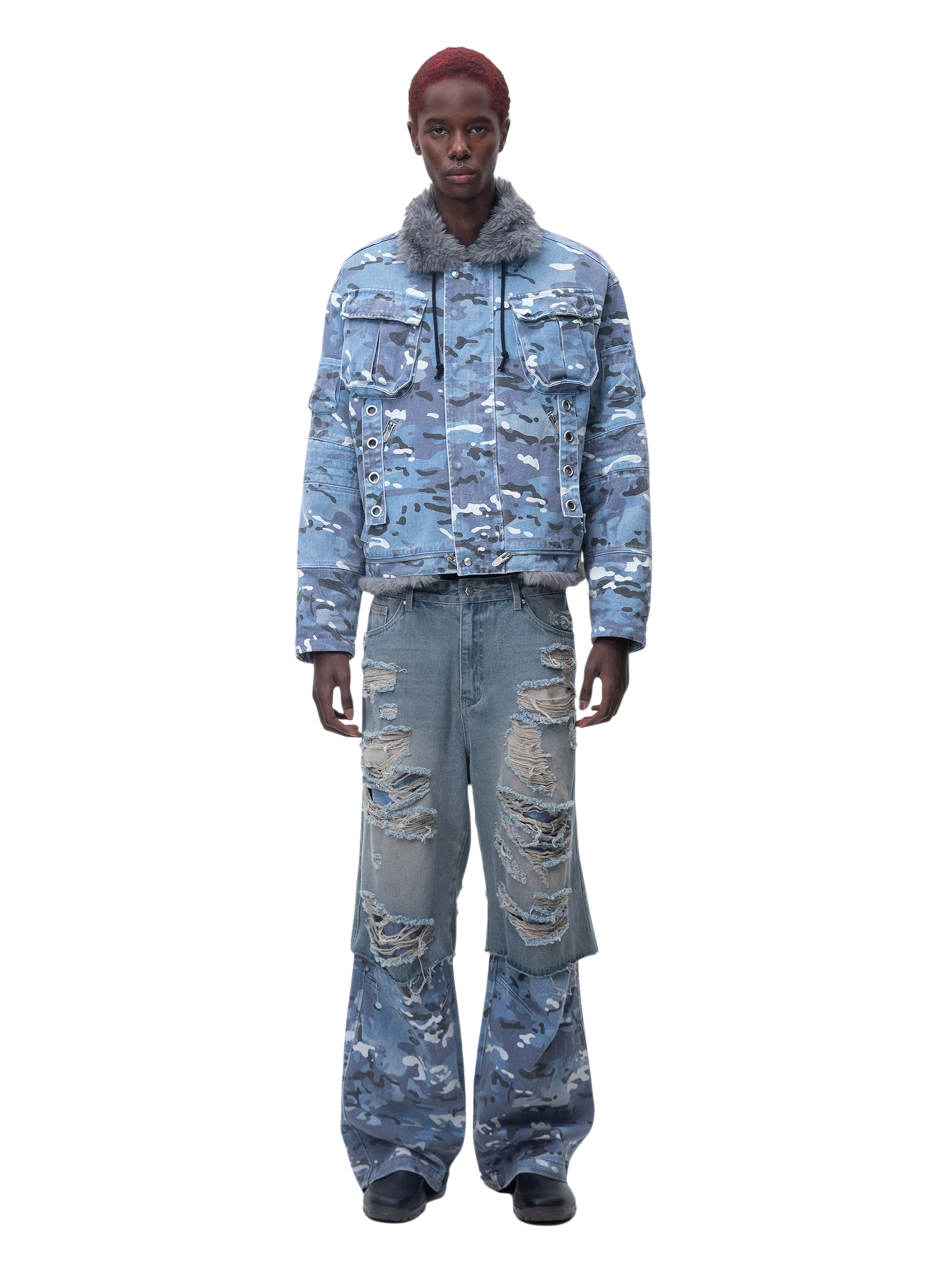TBHNP Eclipse of the Blood Moon blue camo padded fur-collar jacket — men's streetwear jacket
