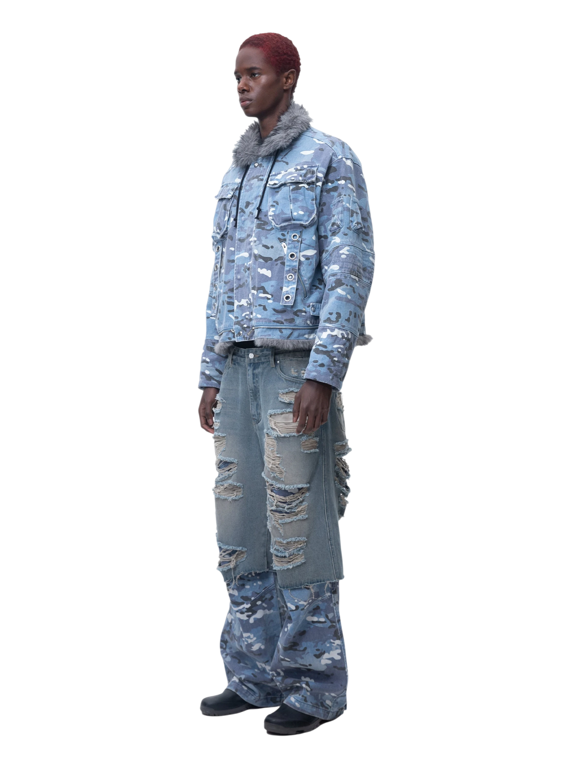 TBHNP Eclipse of the Blood Moon blue camo padded fur-collar jacket — men's streetwear jacket