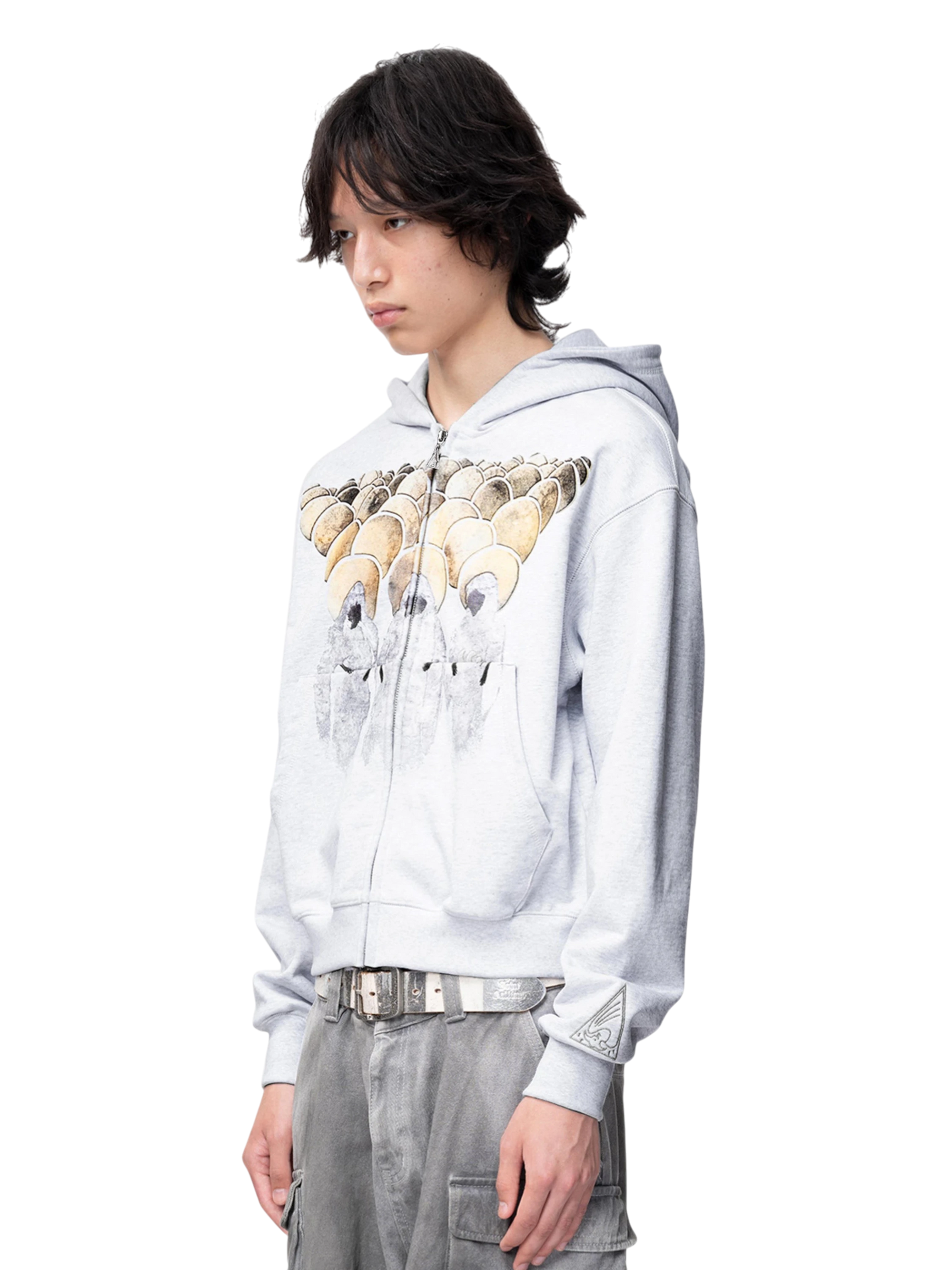 TBHNP Disciple graphic flocked zip-up hoodie, grey — men's streetwear hoodie