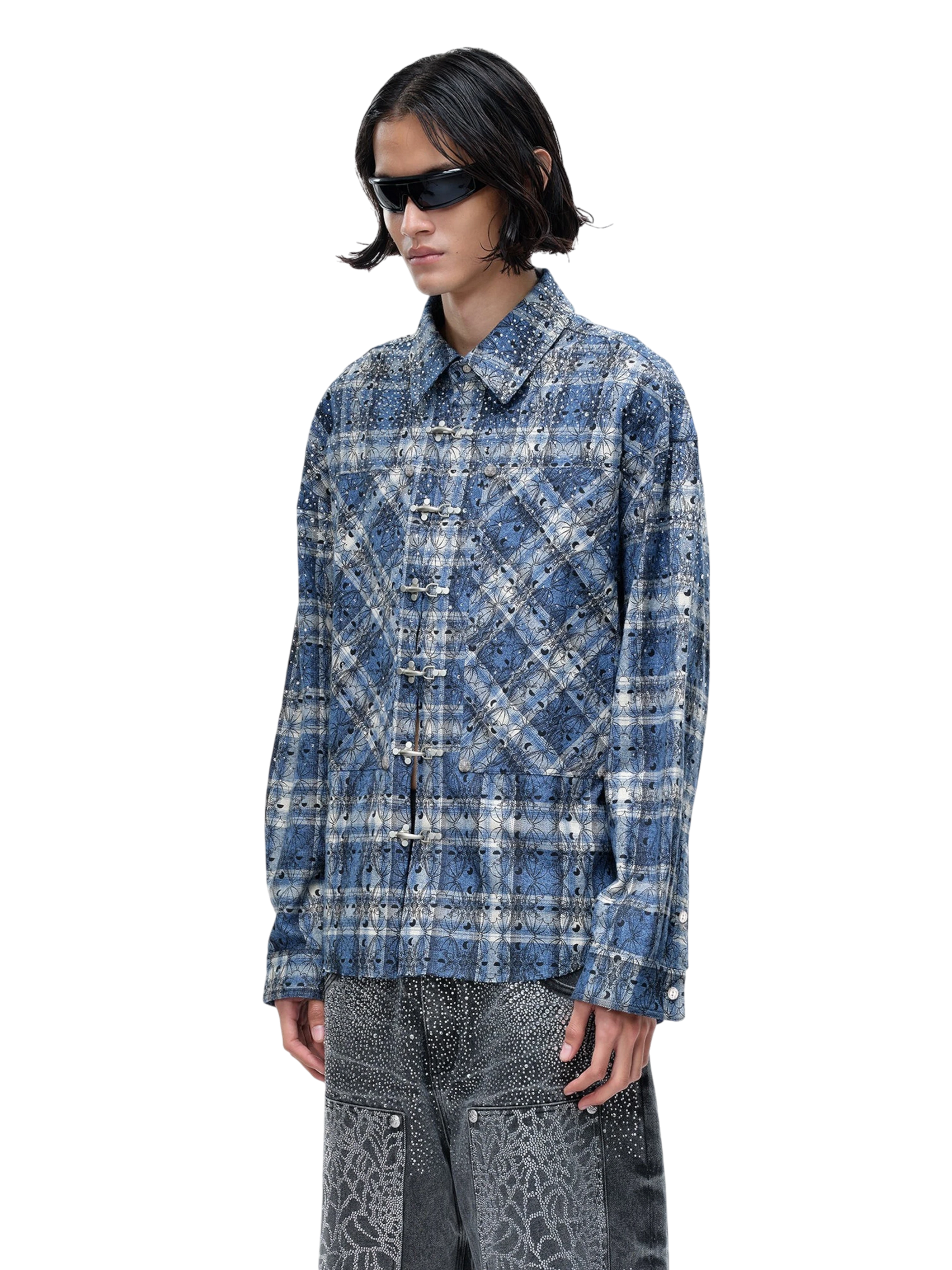 TBHNP Luminous Dawn Shadowbat buckle plaid flannel shirt — men's gothic streetwear button-up