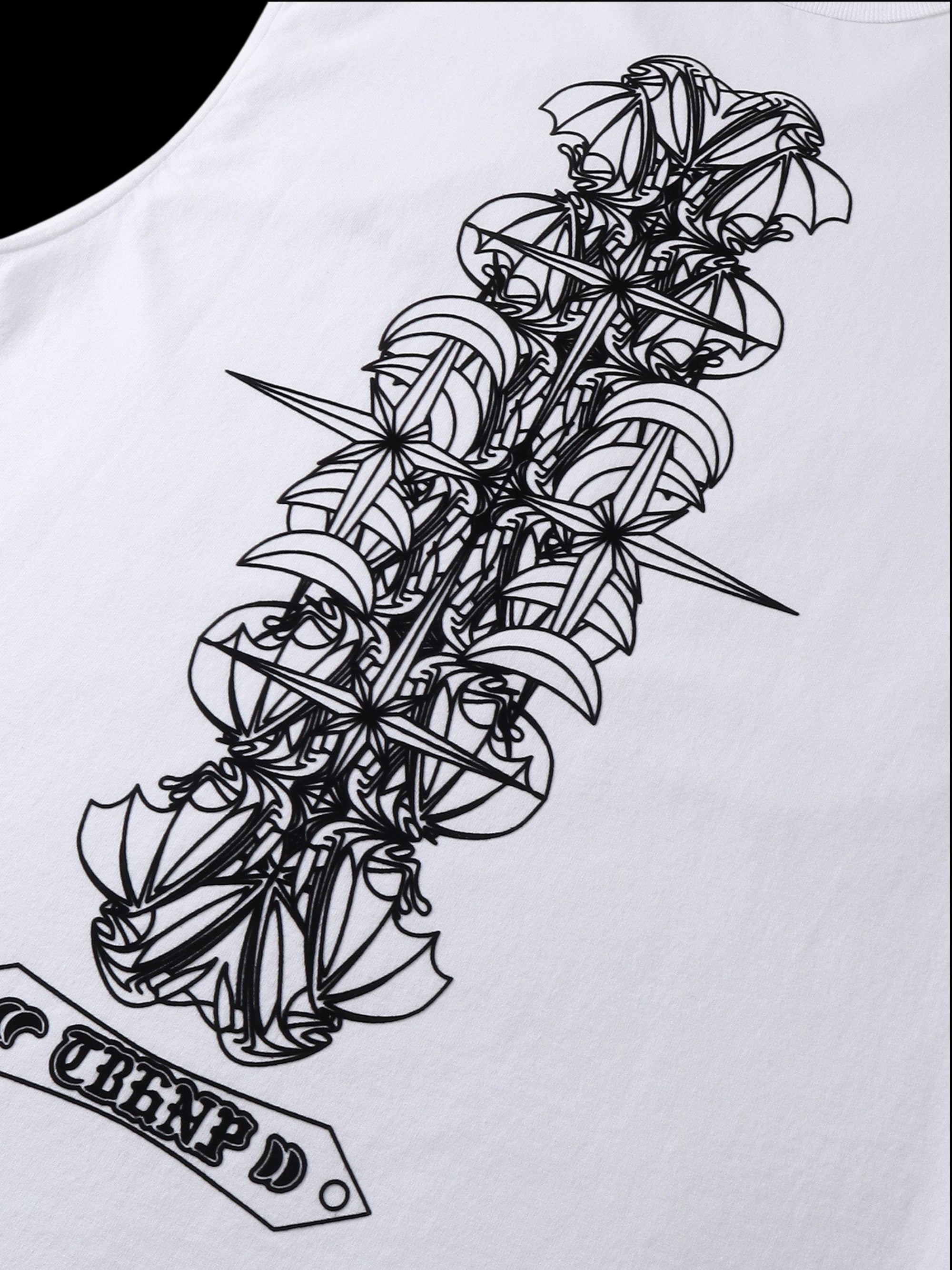 Close-up of the fabric fold on TBHNP white Shadowbat vest — men's streetwear detail