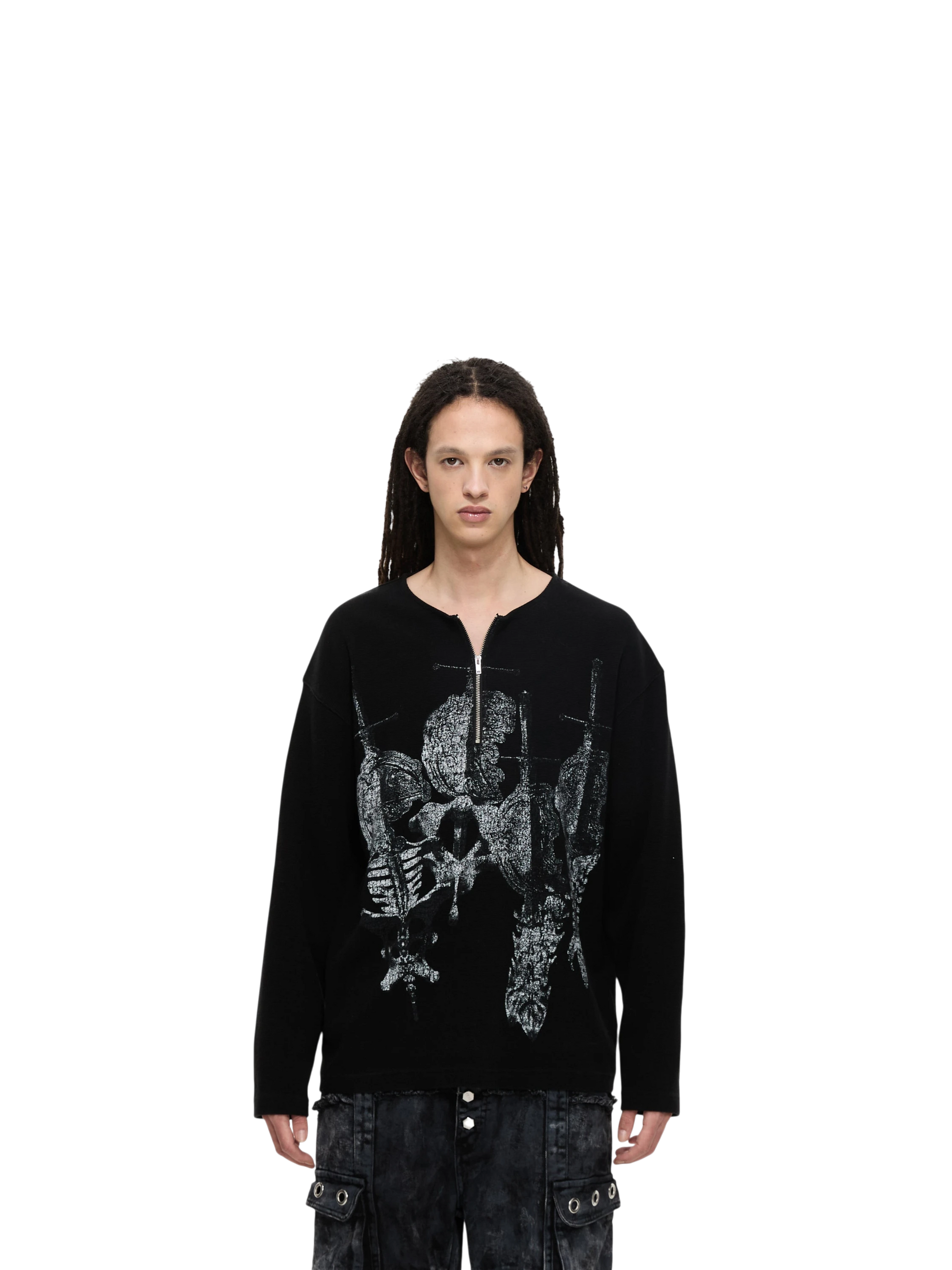 Model wearing TBHNP black waffle henley long-sleeve tee with sword-and-bone print, front — men's streetwear