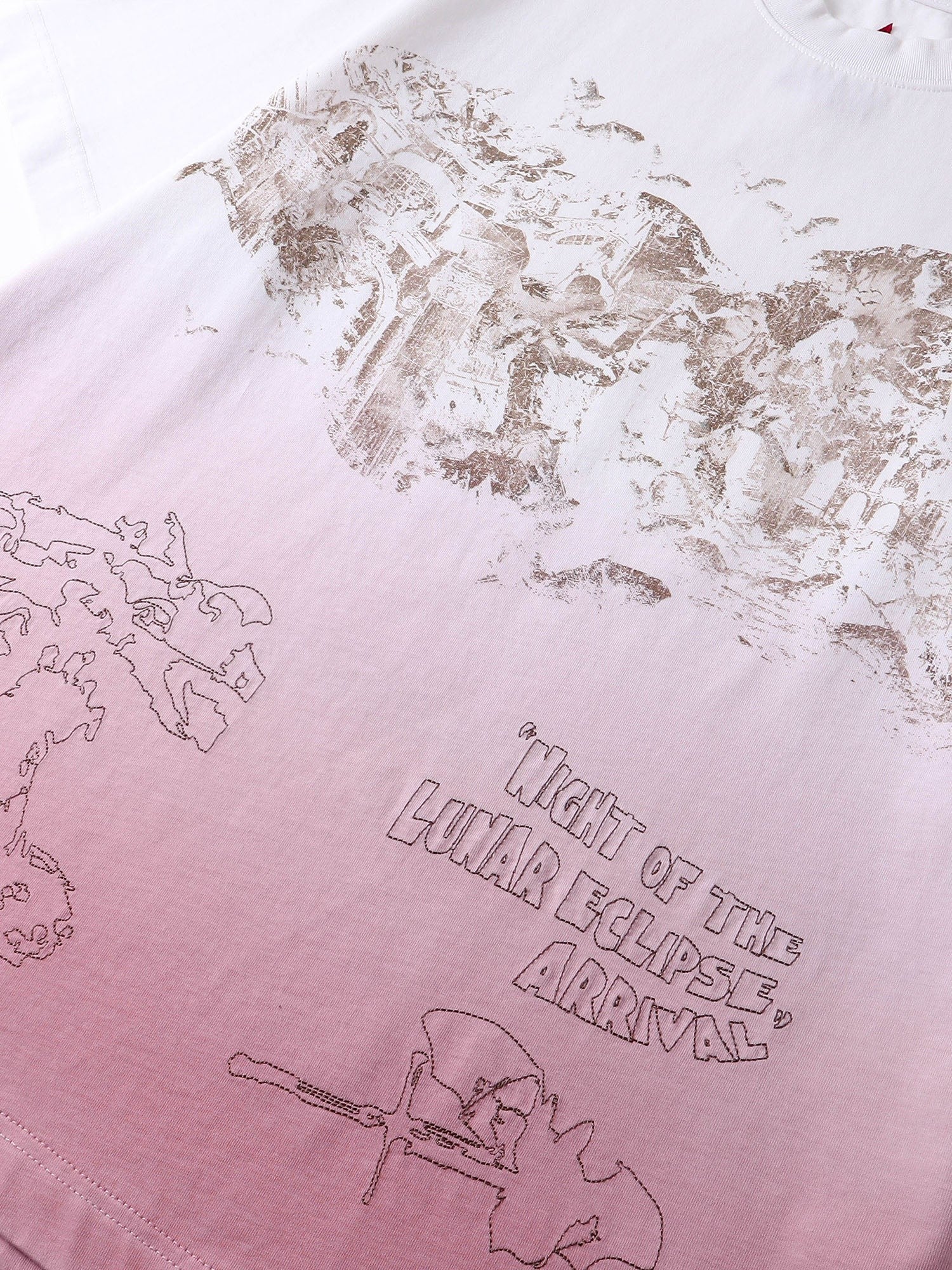 Close-up of the washed distressed print on TBHNP white arrival tee — men's streetwear detail