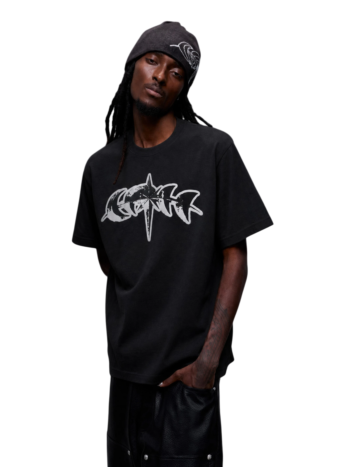 Model wearing the black Luminous Dawn reflective graphic T-shirt