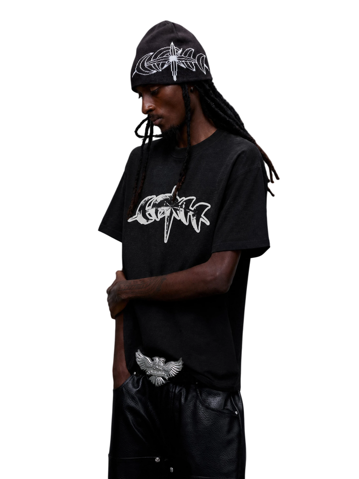 Three-quarter view of the black 3M reflective star T-shirt on model