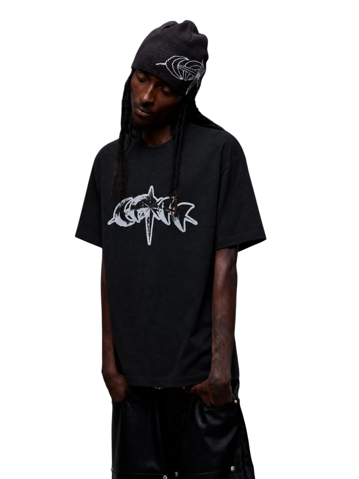 Front view of the relaxed black reflective graphic T-shirt on model