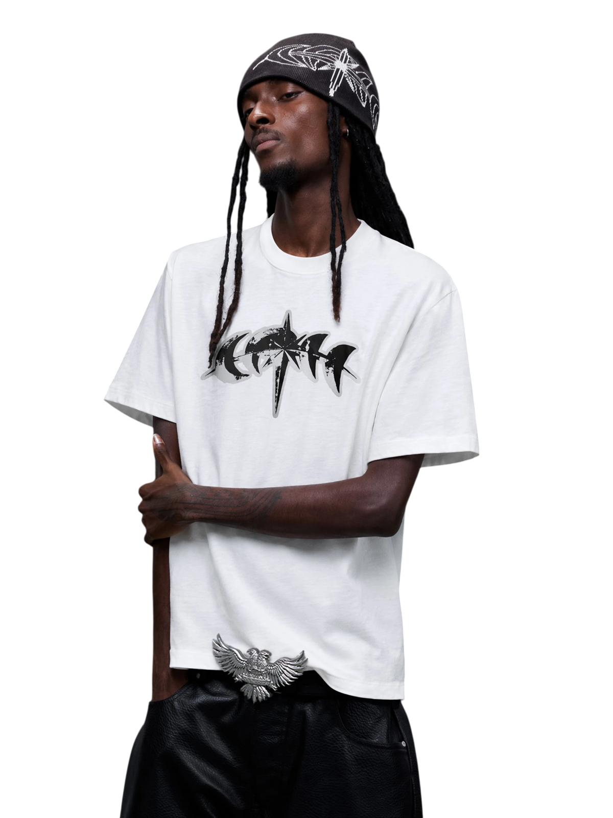 Close three-quarter view of the white reflective star T-shirt on model
